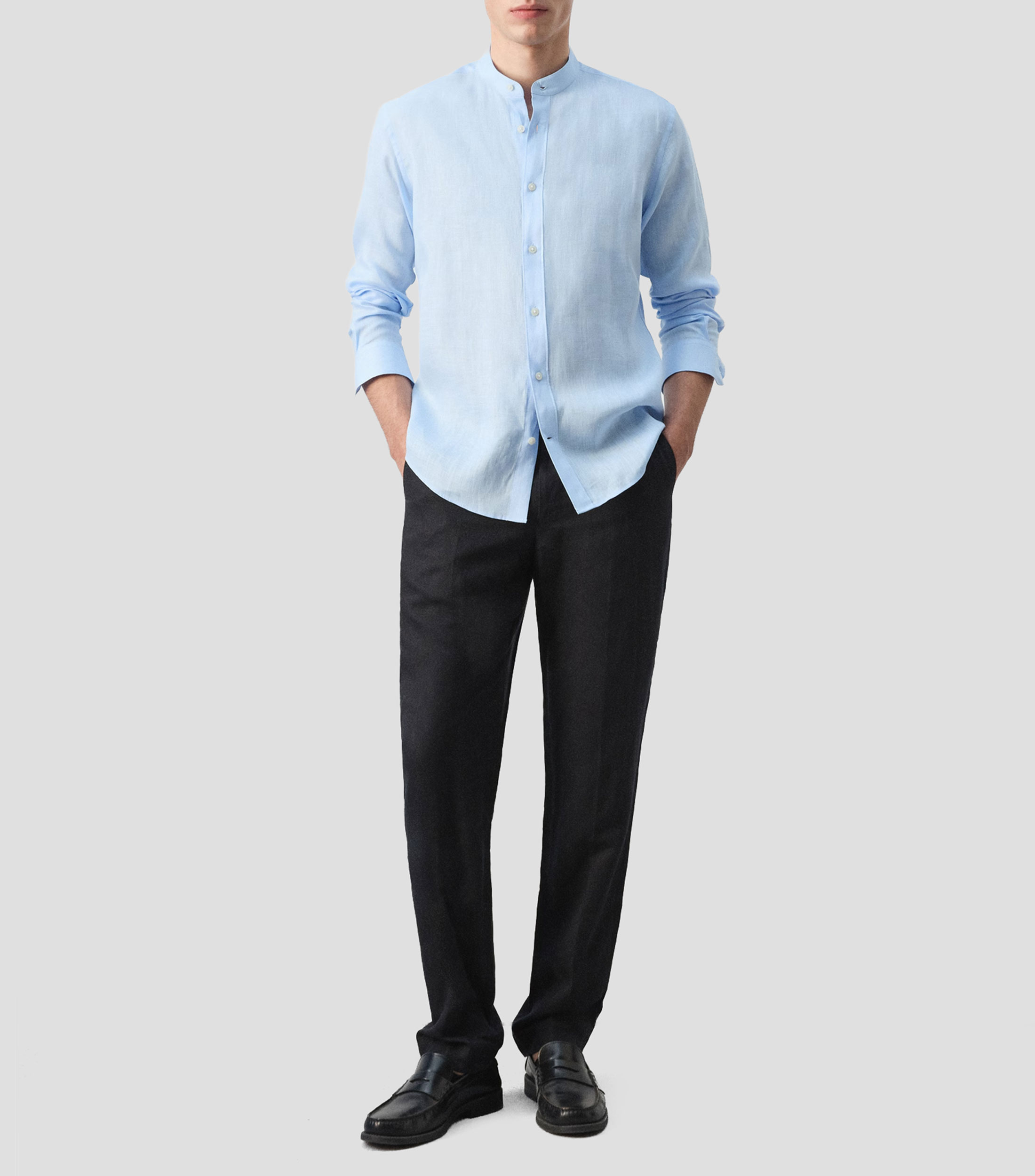 Camisa lisa cuello mao manga larga Hombre