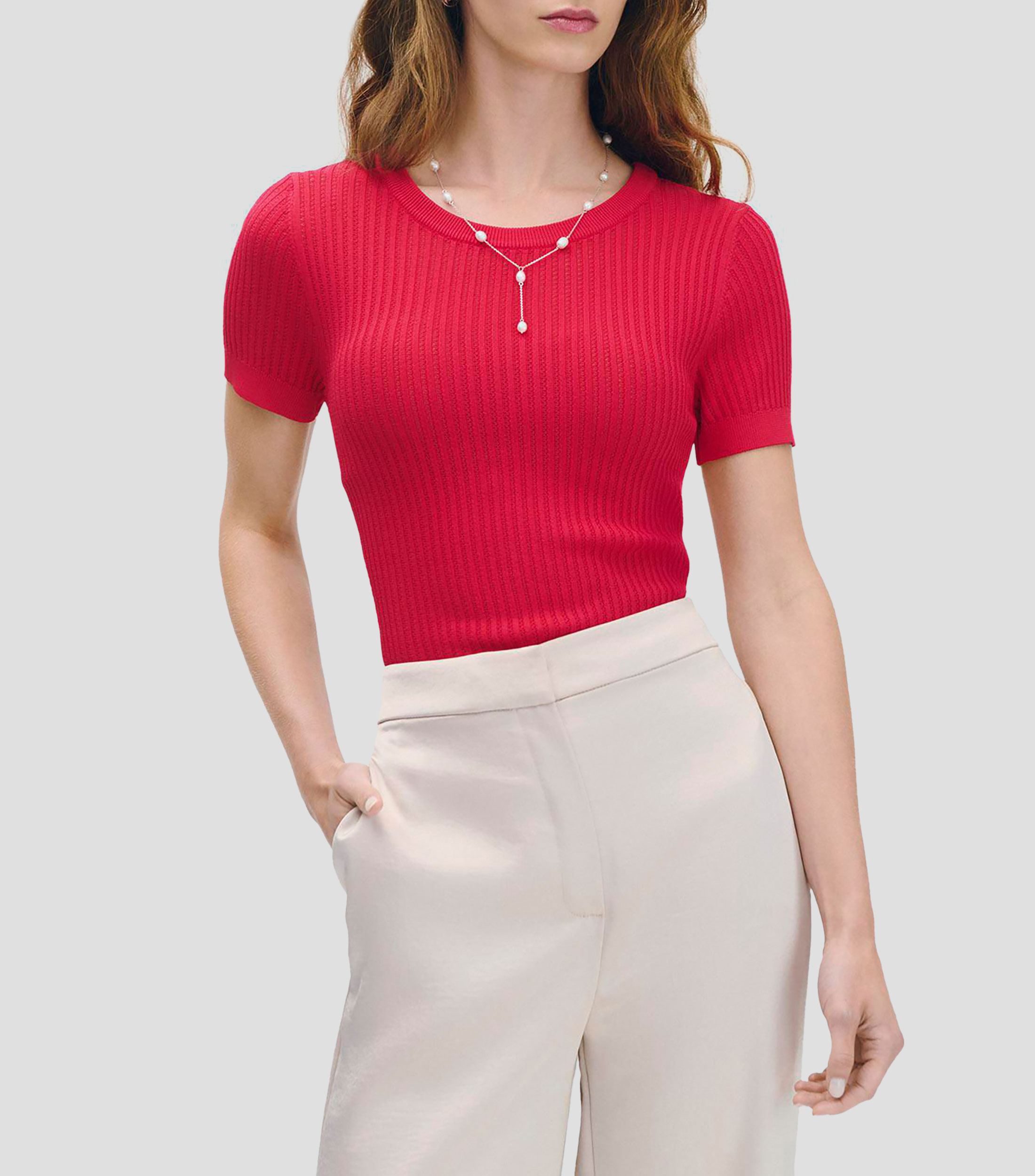 Blusa tejido calado magenta escote redondo Mujer