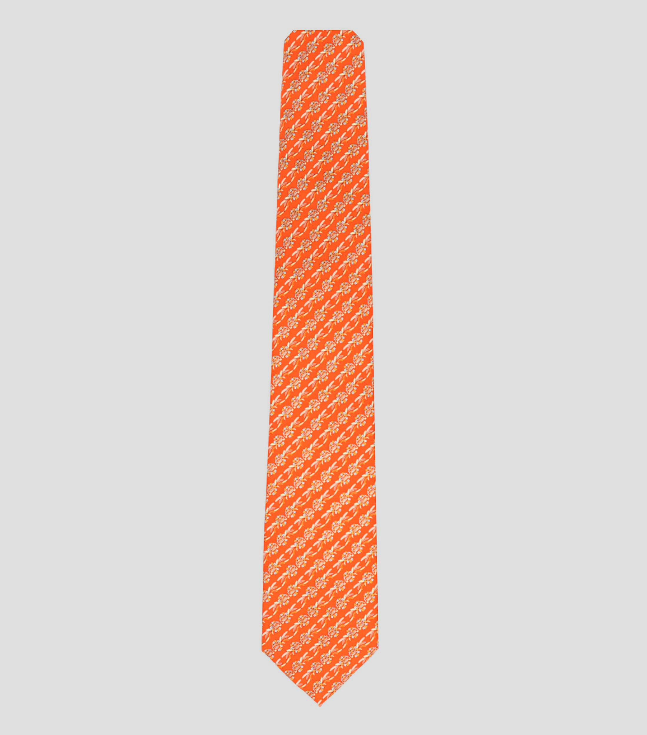 Corbata ancha en seda naranja intenso estampada Quetzalcóatl