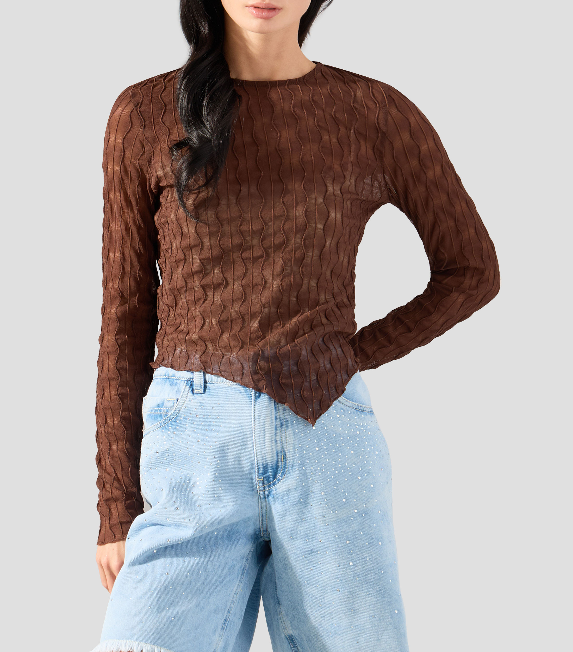 Playera de cuello redondo con manga larga lisa Mujer