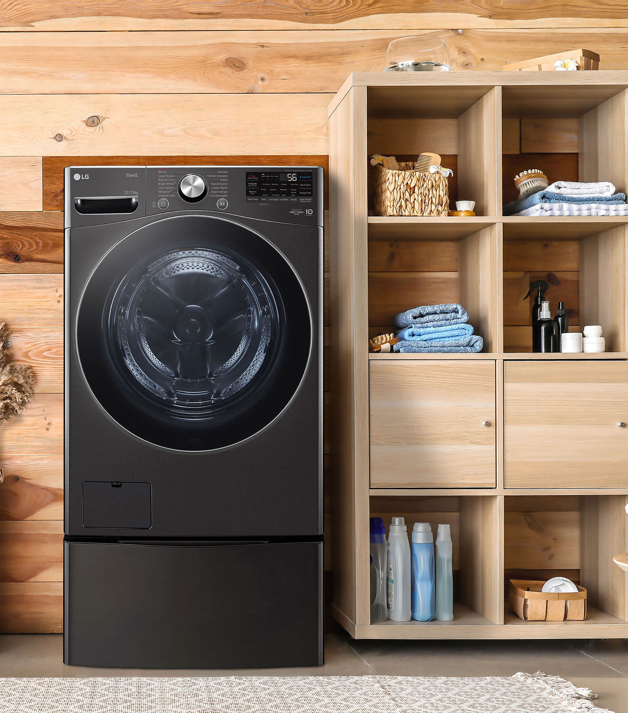 Lavasecadora Eléctrica con pedestal 22 Kg, 13 Kg Inteligente Inverter AI DD Carga Frontal WD22BV2S6R negro