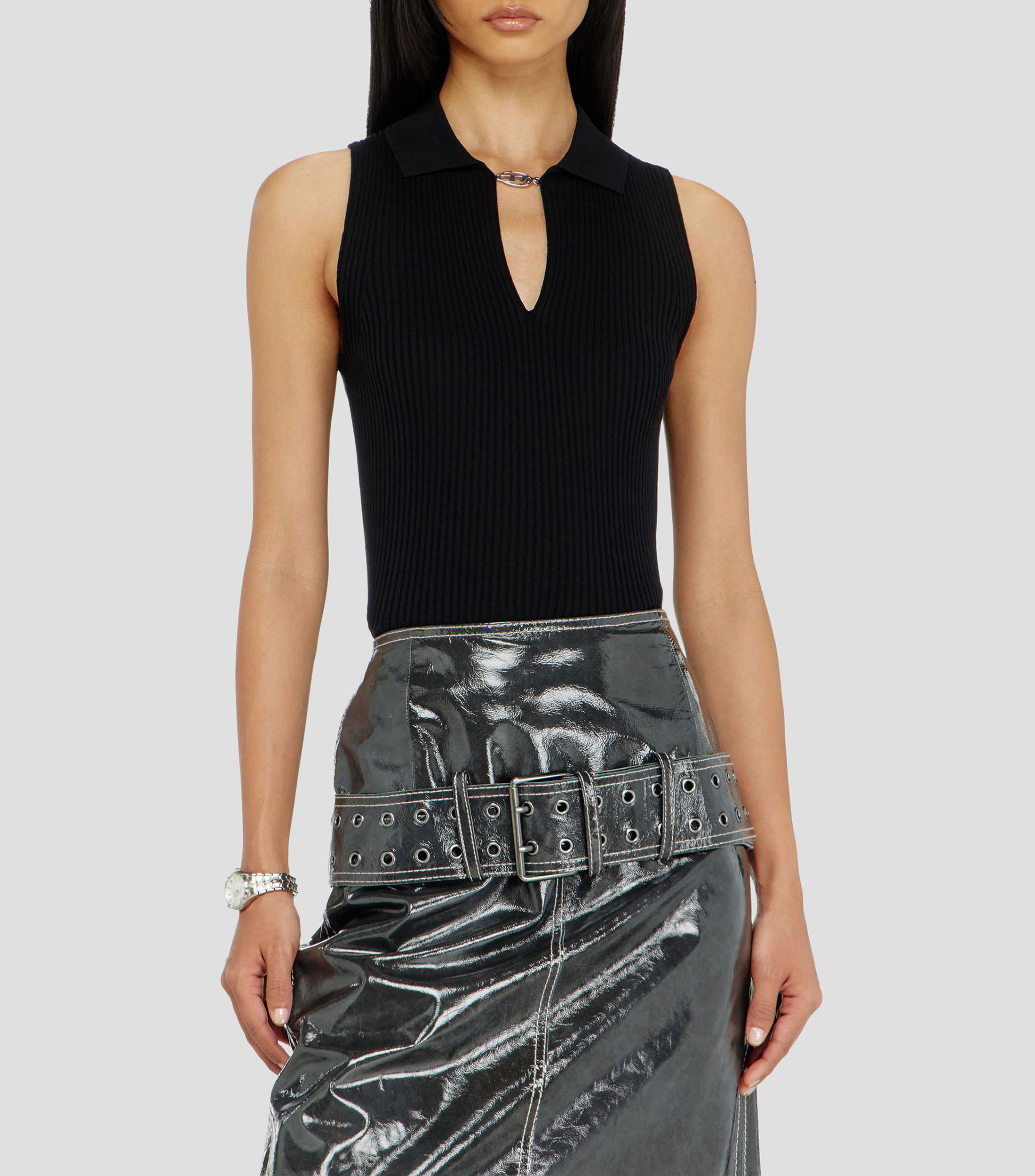 Top liso con punto acanalado sin mangas Mujer