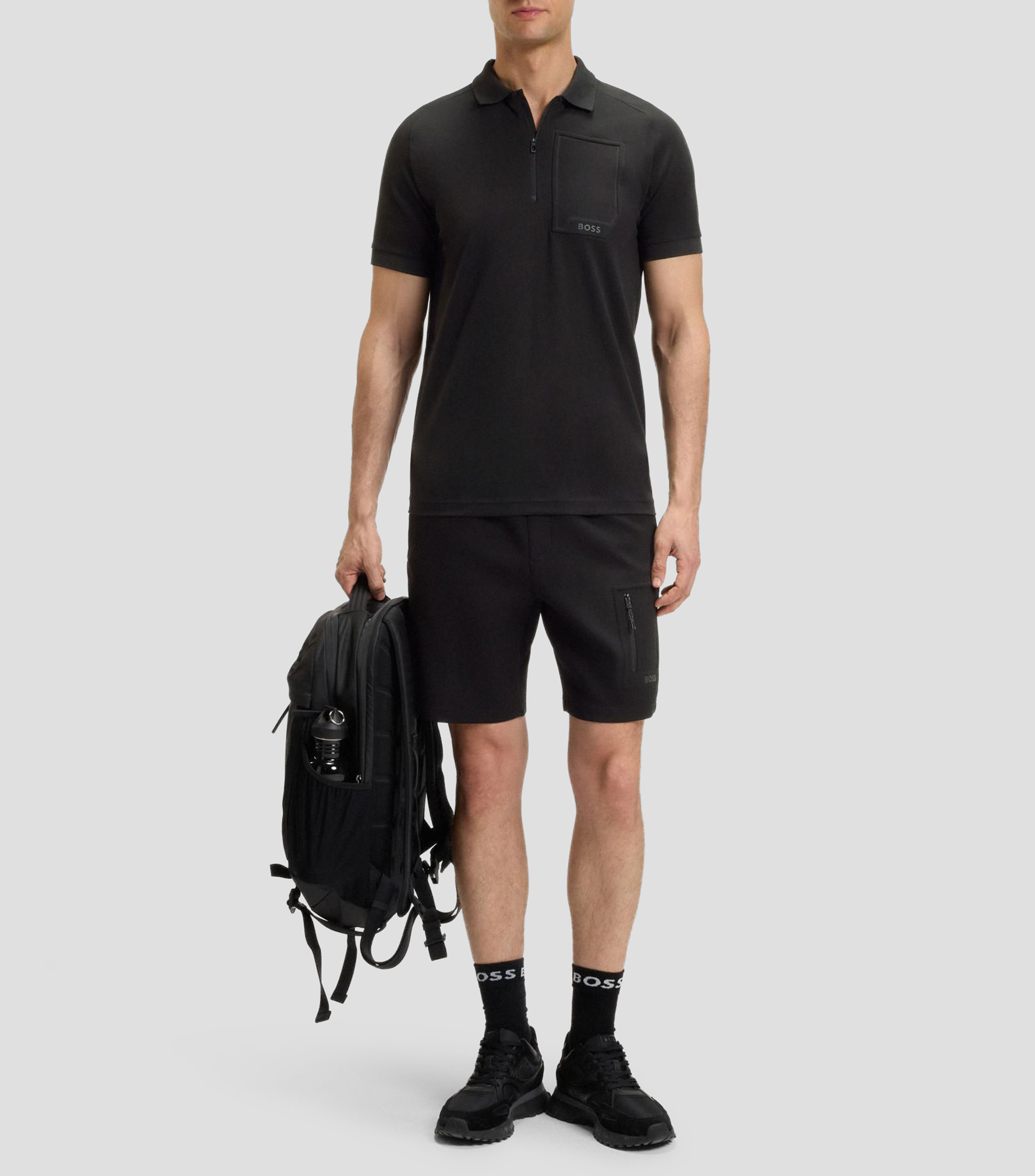 Polo con cuello de cremallera en piqué de algodón elástico con absorción de humedad Hombre
