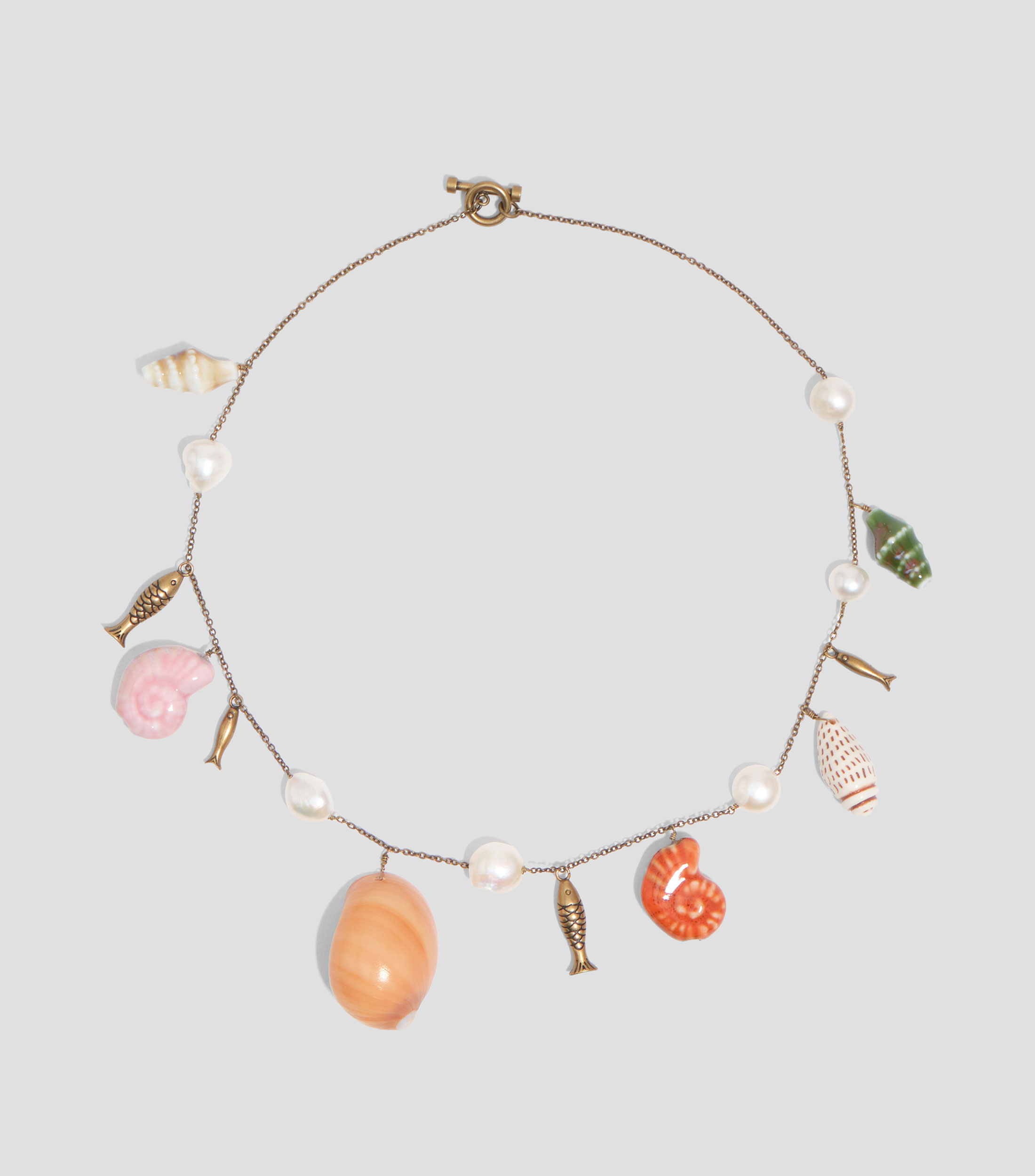 Collar peces y caracolas dorado envejecido Mujer
