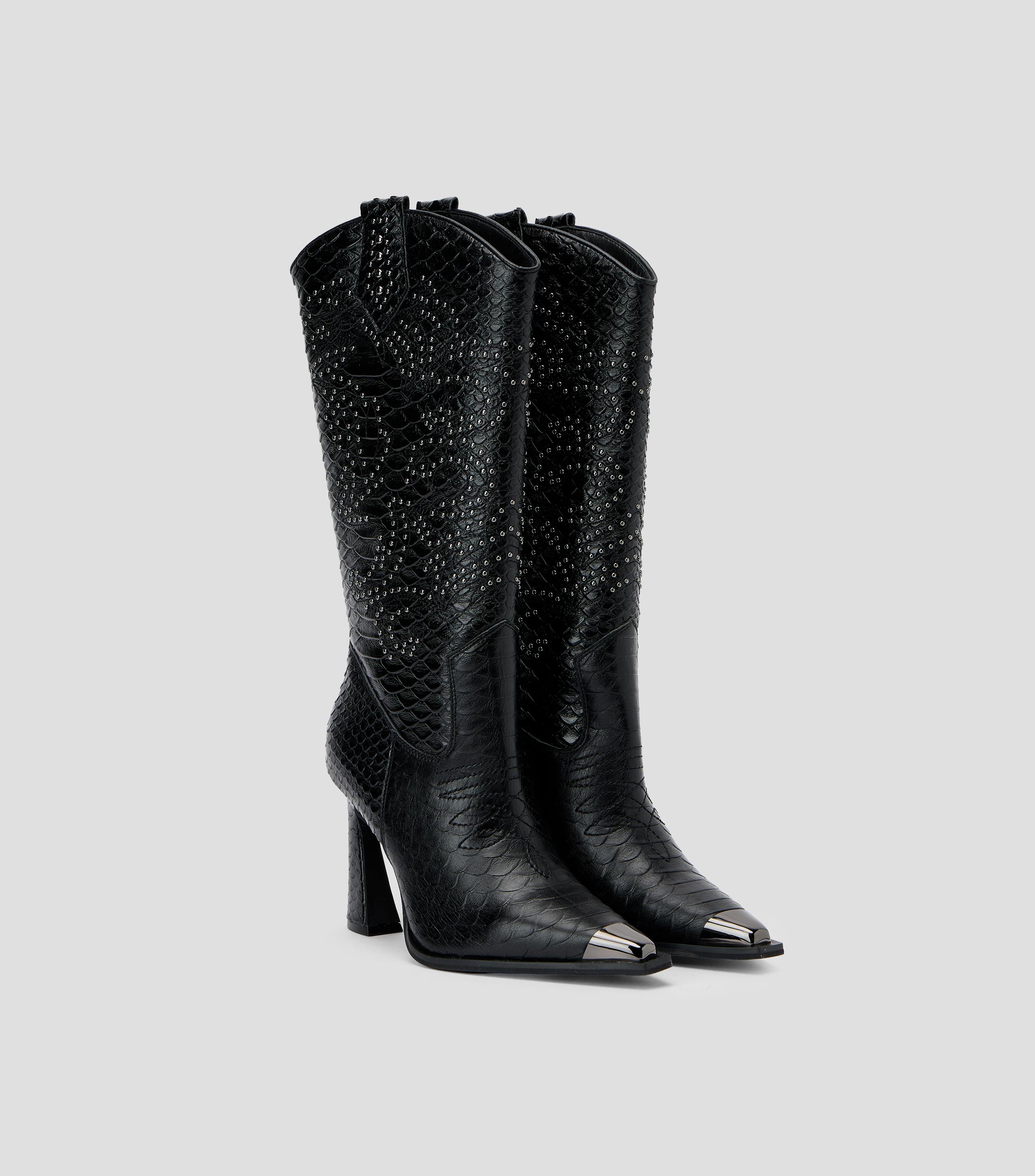 Botas vaqueras tacón alto delgado en piel con aplique Mujer