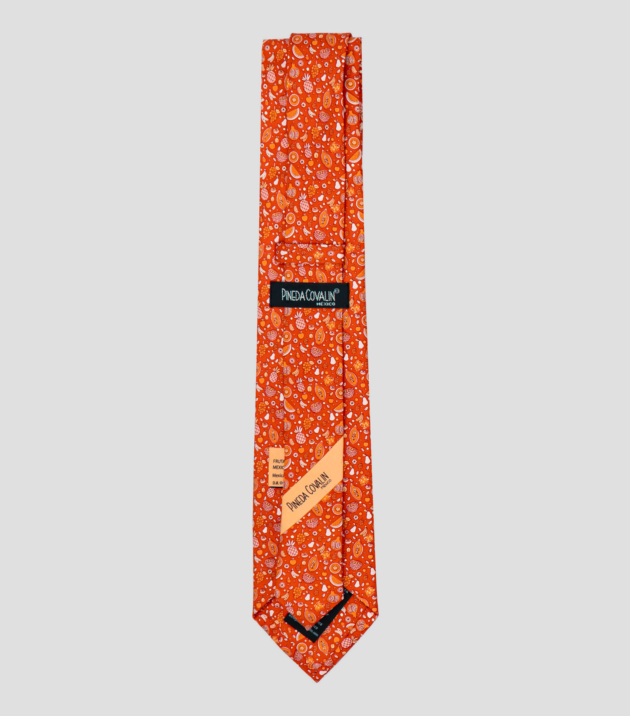 Corbata ancha de seda naranja con frutas