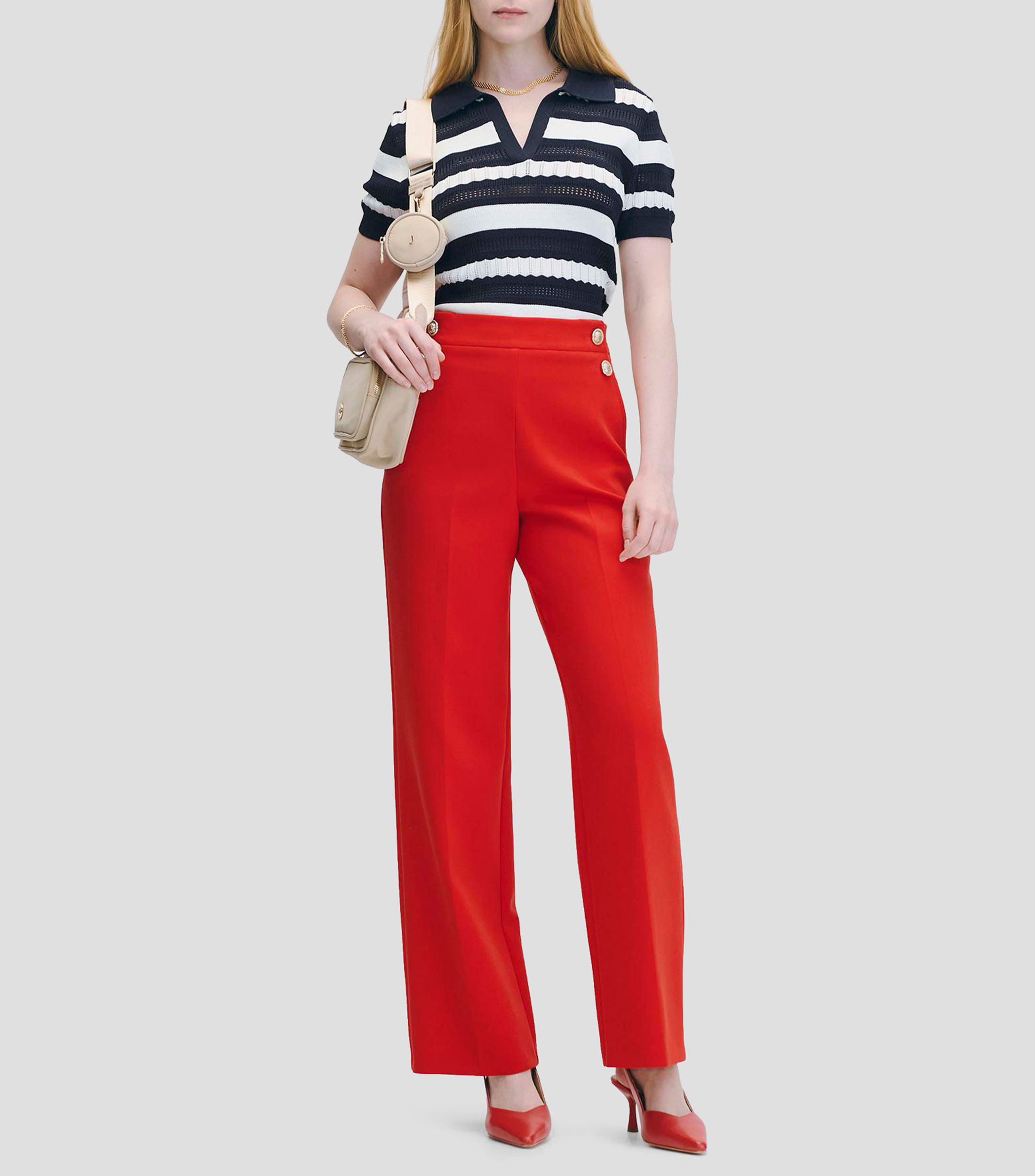 Pantalón Recto Fluido Tiro Alto Rojo Escarlata Bolsillo Francés Pasado Mujer