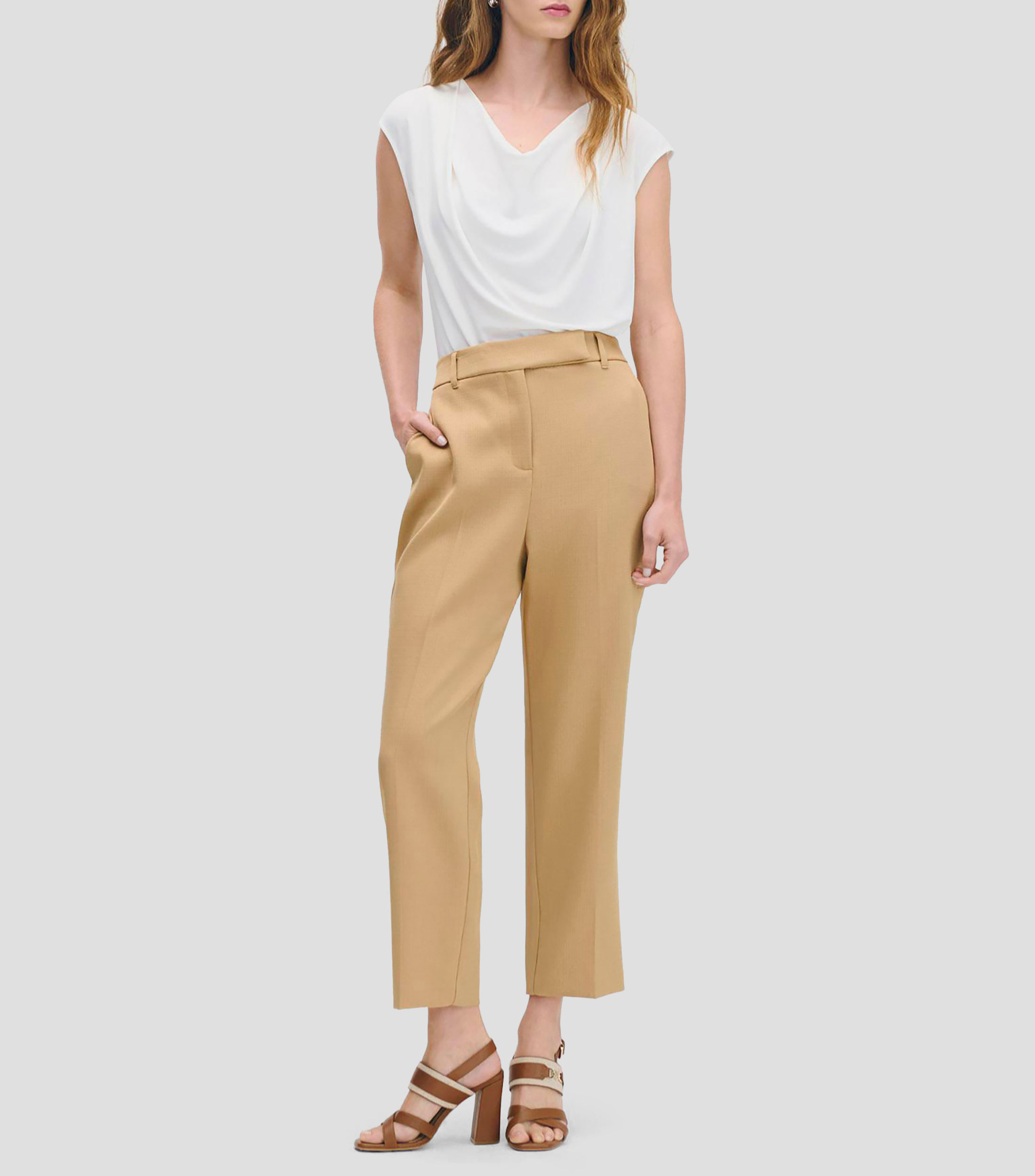 Pantalón recto tiro alto amarillo musgo tejido canasta Mujer