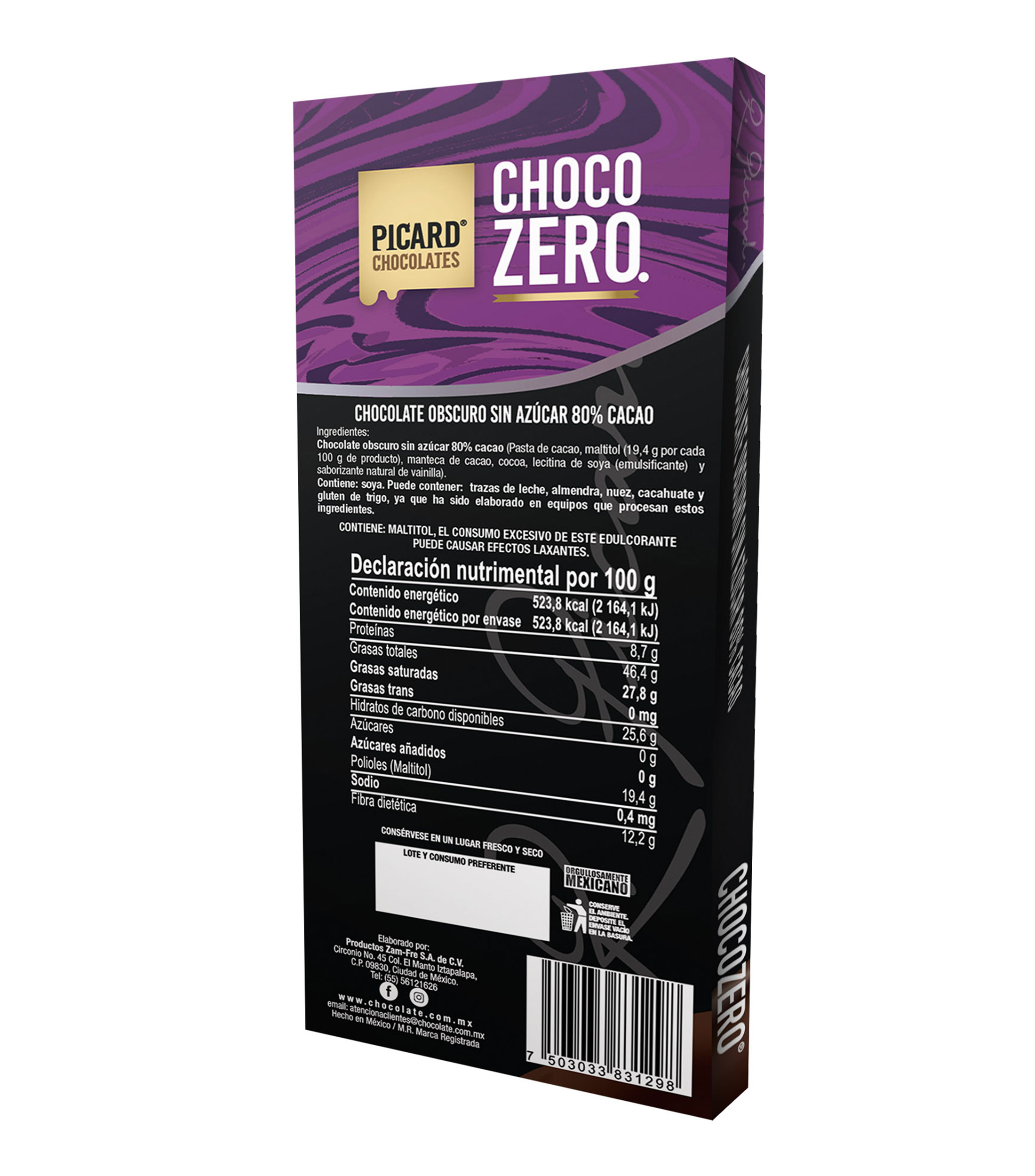 Barras Chocolate Obscuro 80% Cacao sin azúcar, 100 g