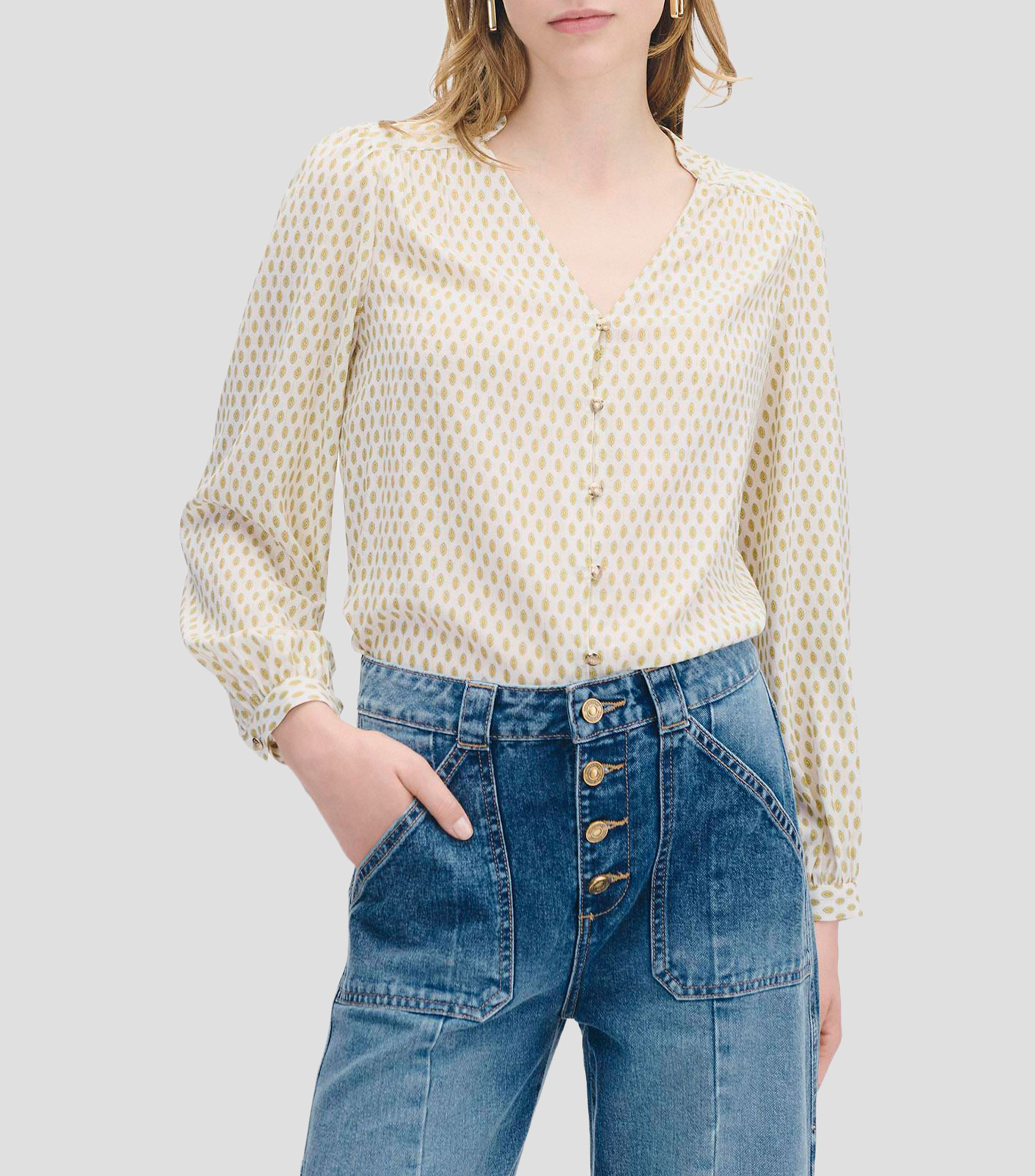 Blusa cuello mao escote V estampado étnico con lúrex Mujer