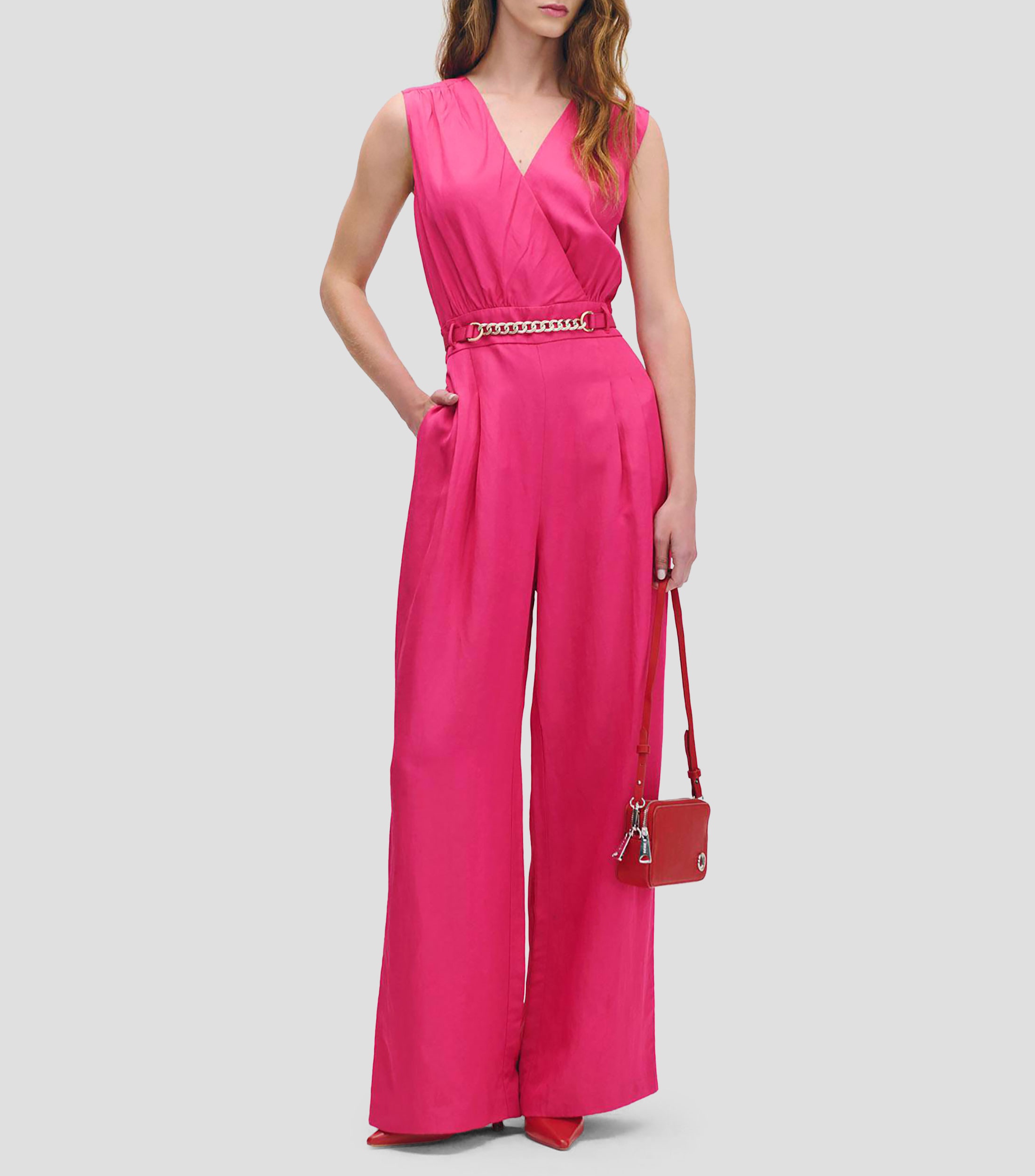 Jumpsuit palazzo de lino magenta cinturón con cadena Mujer