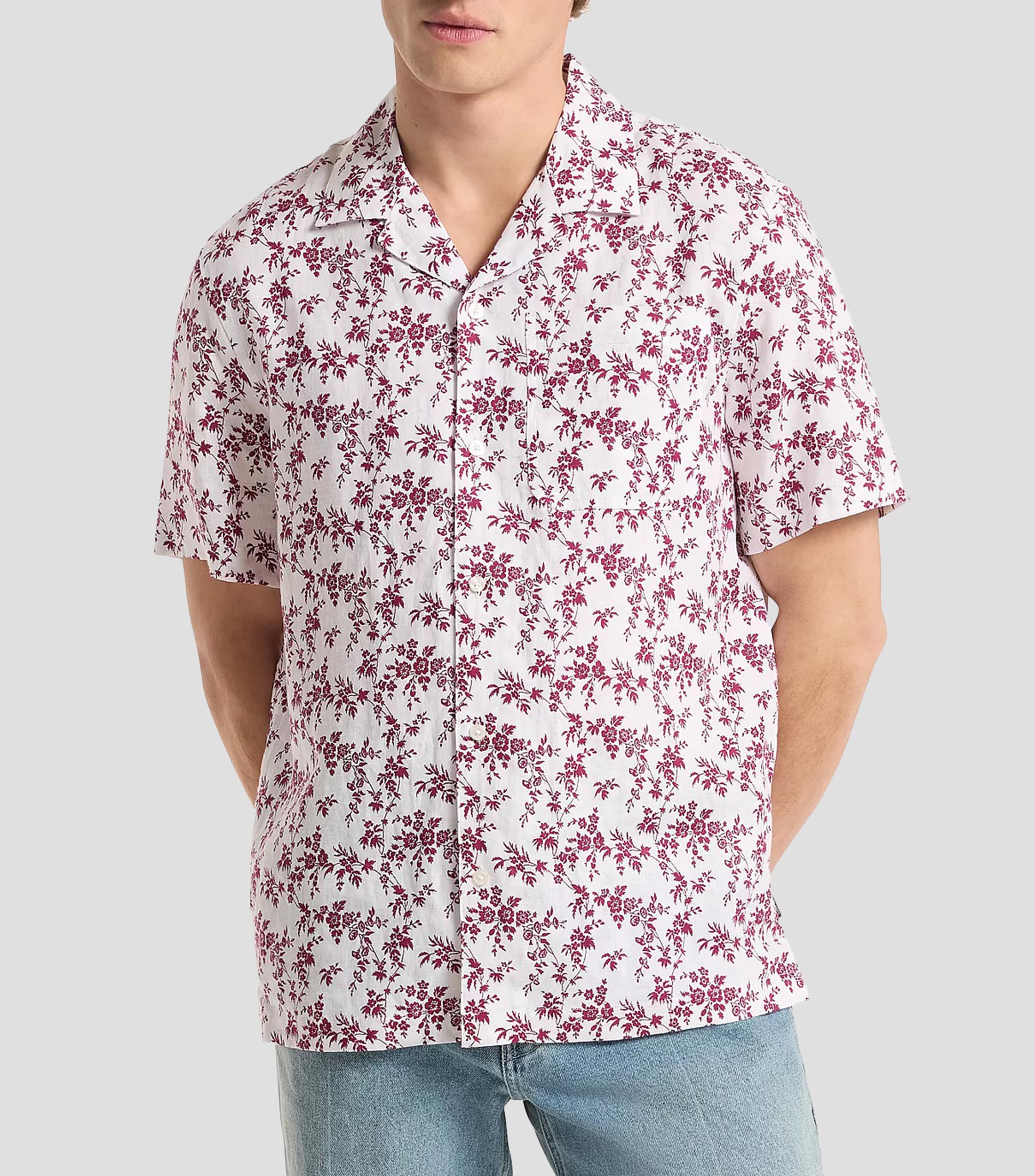 Camisa con estampado de lino manga corta Hombre