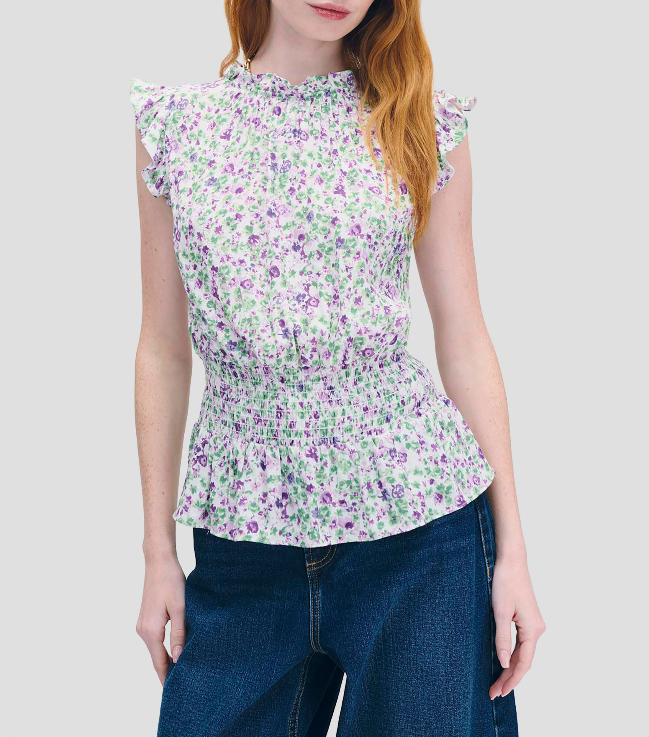 Blusa estampado floral acuarela cintura enresortada y escarolas Mujer
