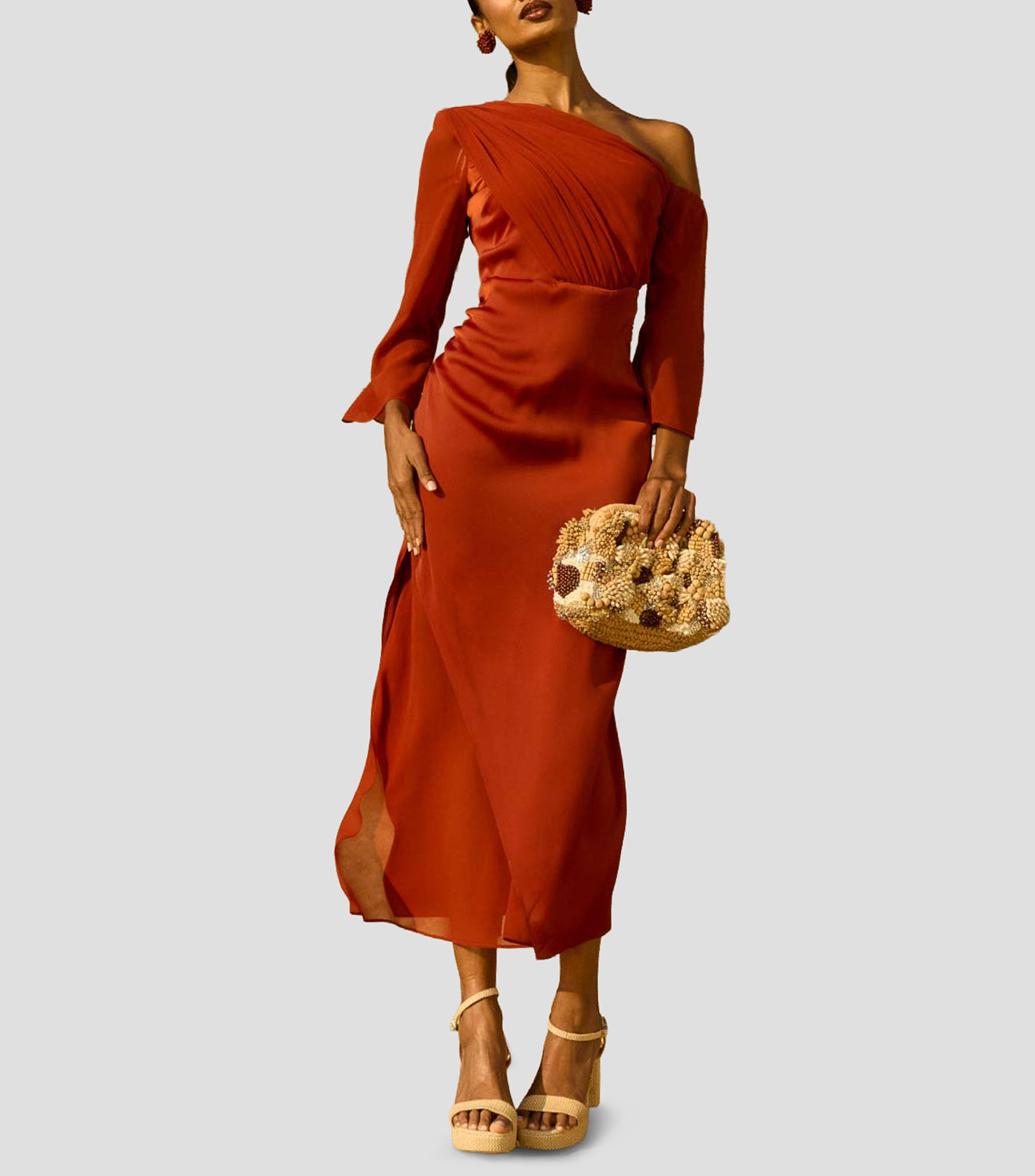Vestido midi manga larga liso Mujer