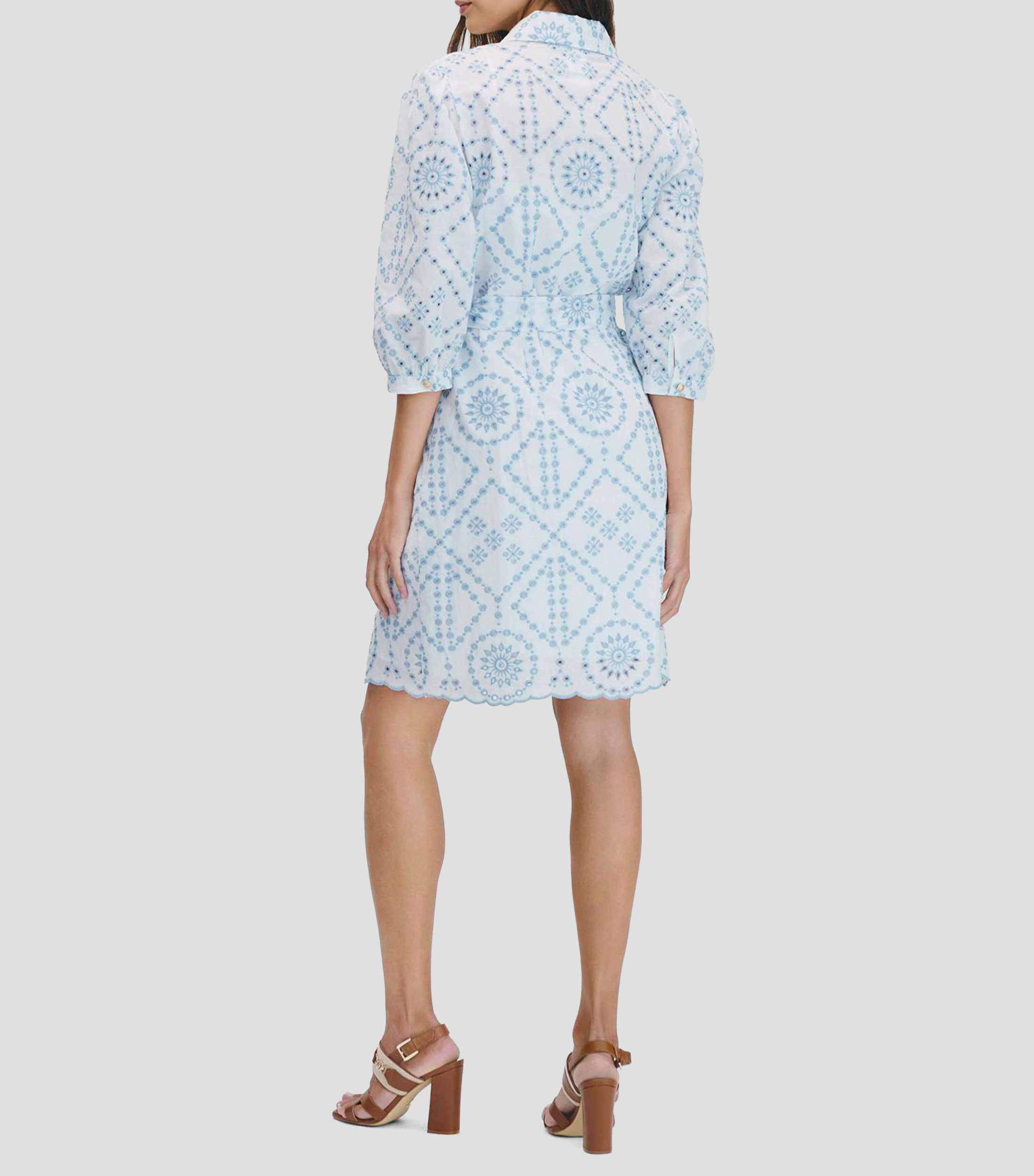 Vestido Camisero Bordado Calado En Contraste Mujer