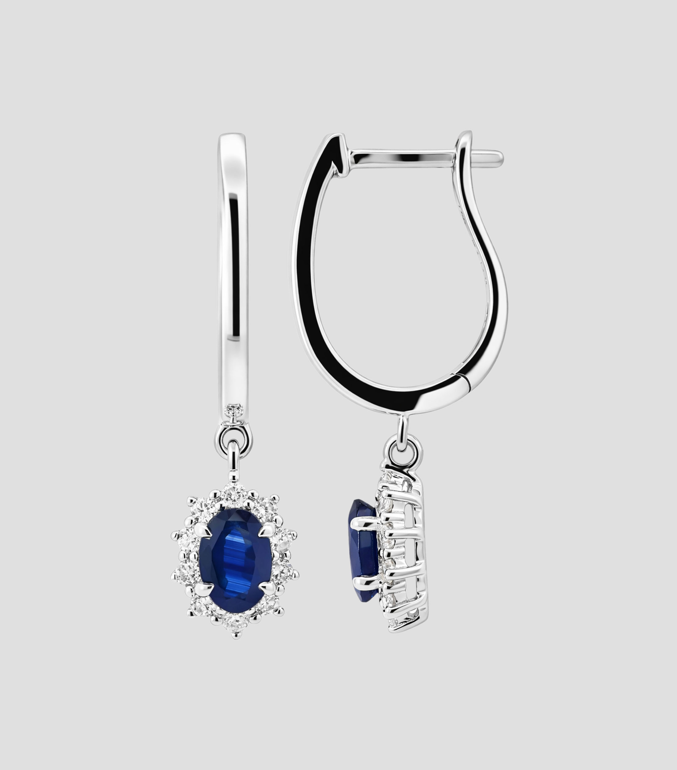 Aretes en oro blanco de 14 kilates con diamantes y zafiro Mujer