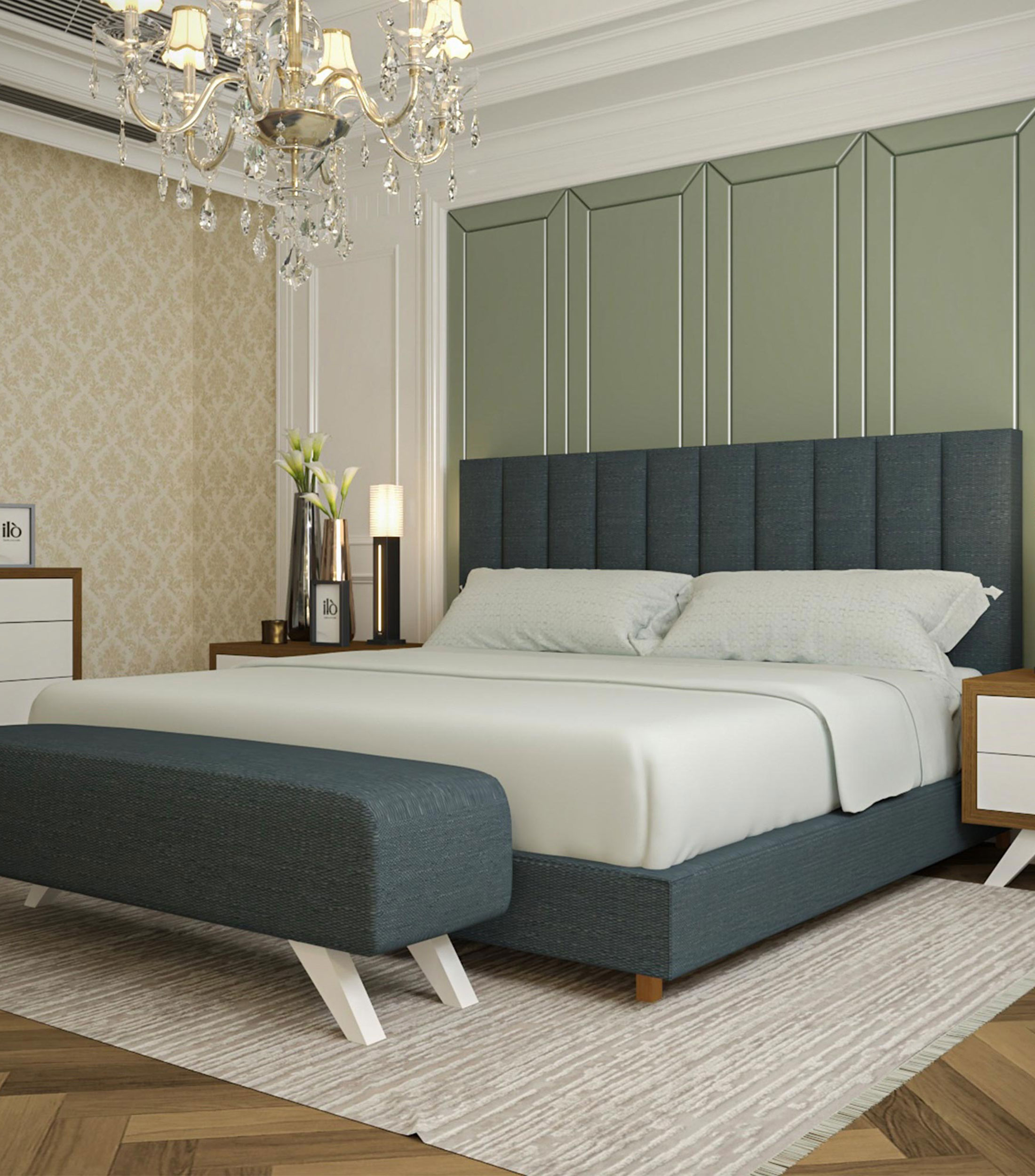 Cama King Size Old Canvas azul marino en madera