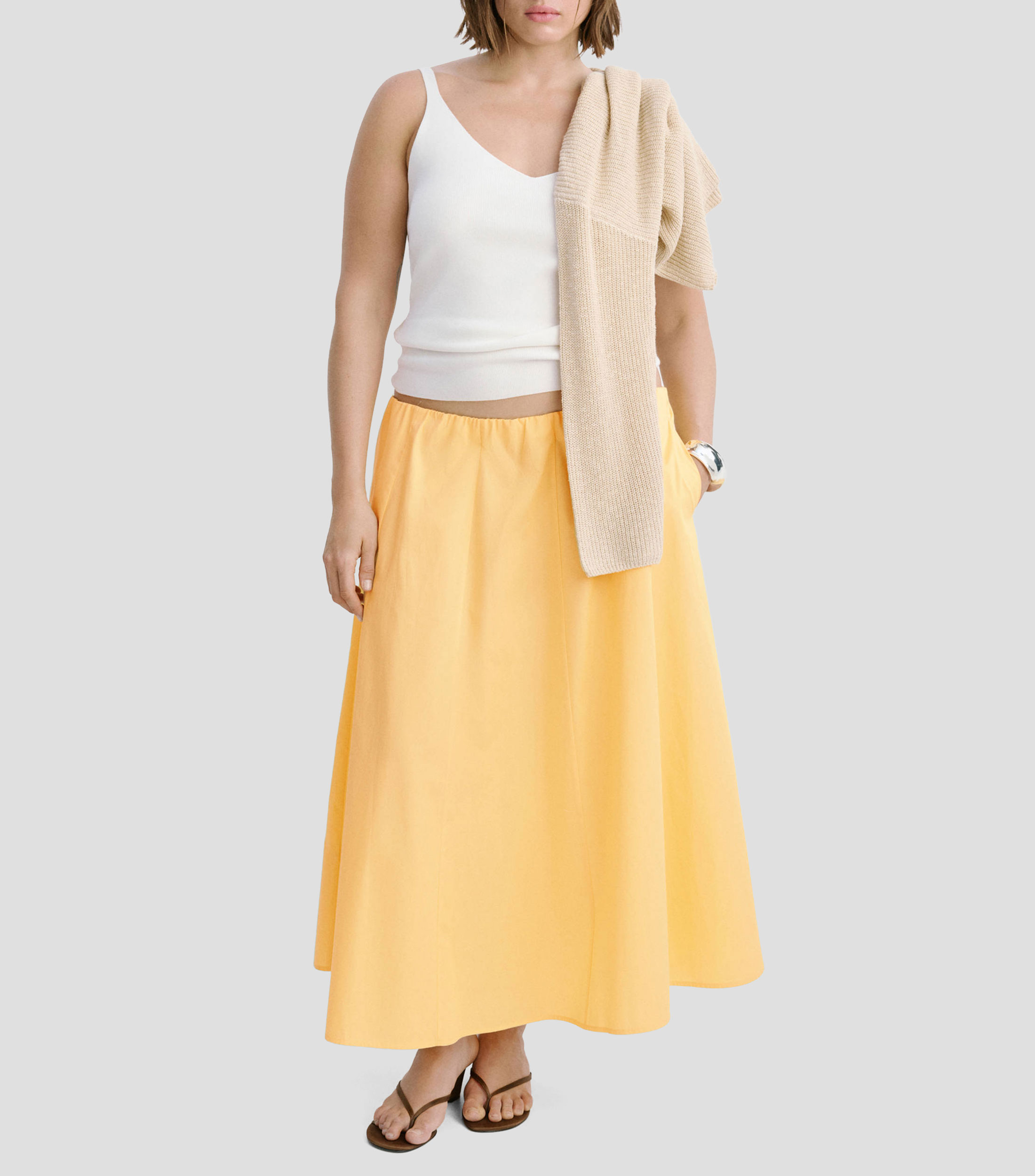 Falda midi de corte evasé lisa Mujer
