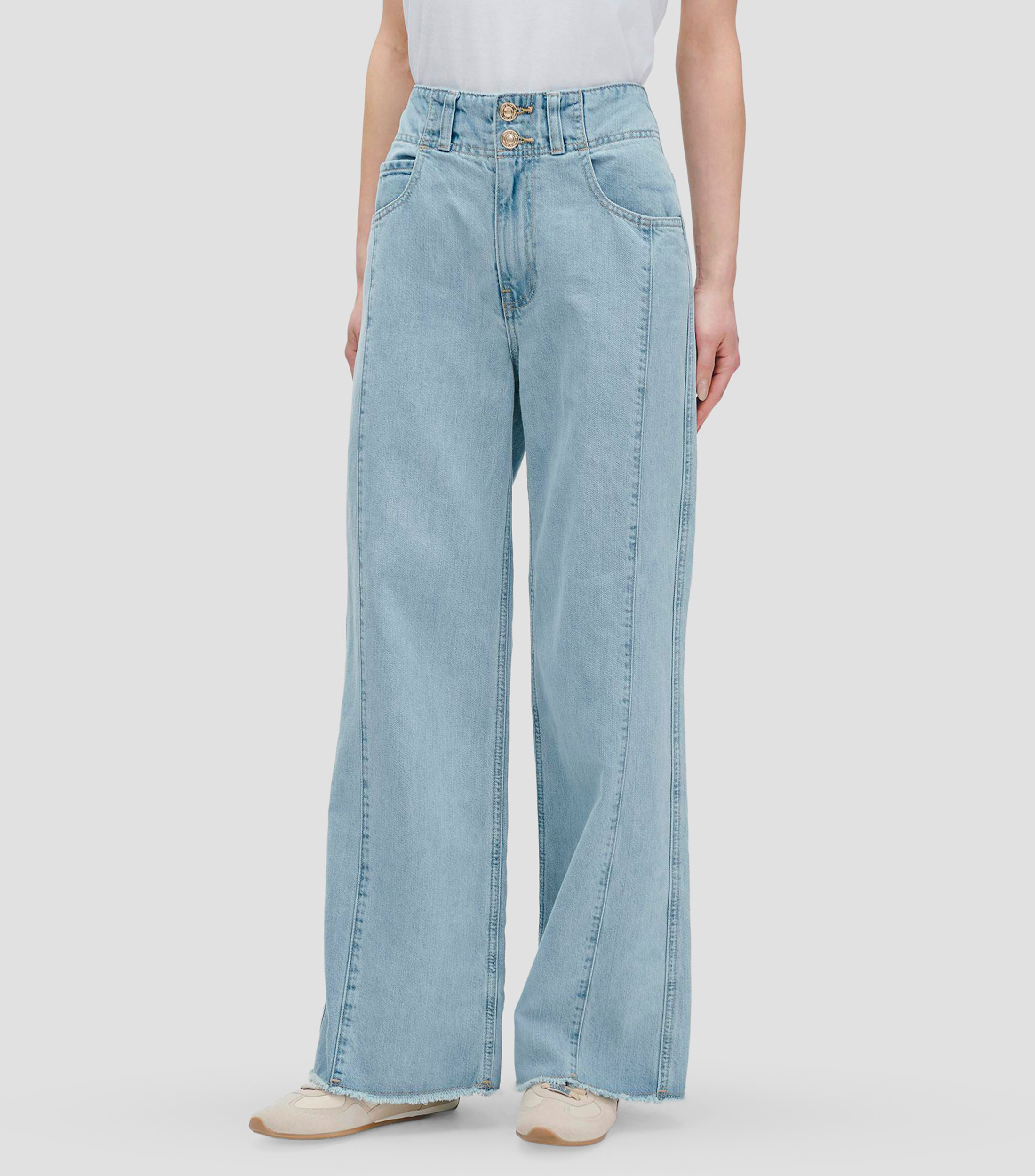 Jeans Wide Leg Tiro Alto Azul Claro Pretina Compuesta Detalle Fraccionado Deshilado En Ruedo