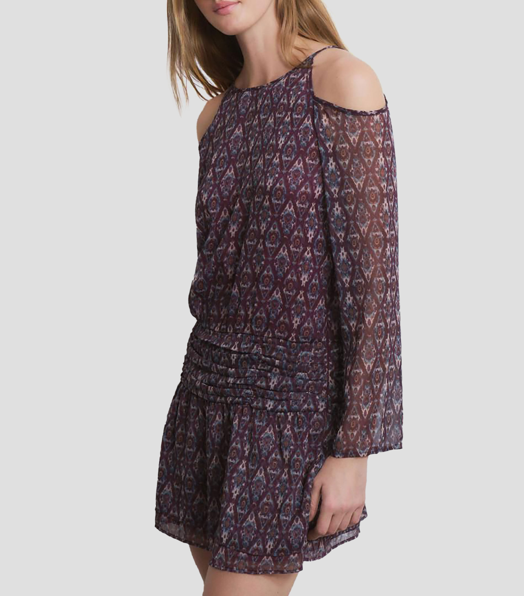 Vestido corto manga larga con estampado Mujer