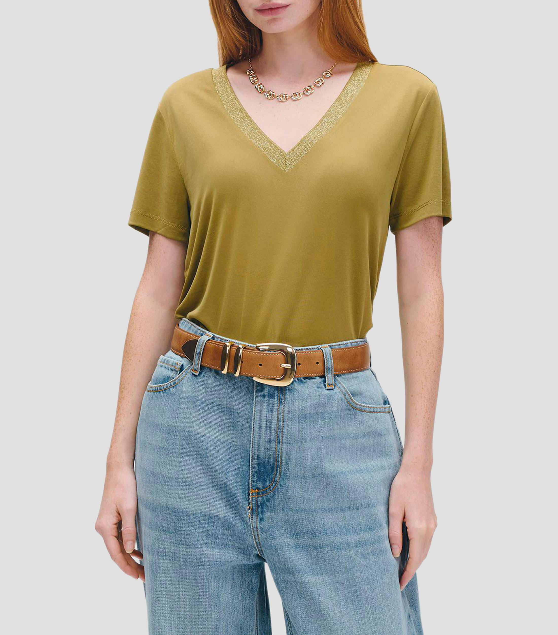 Blusa de punto tipo camiseta escote con lúrex Mujer