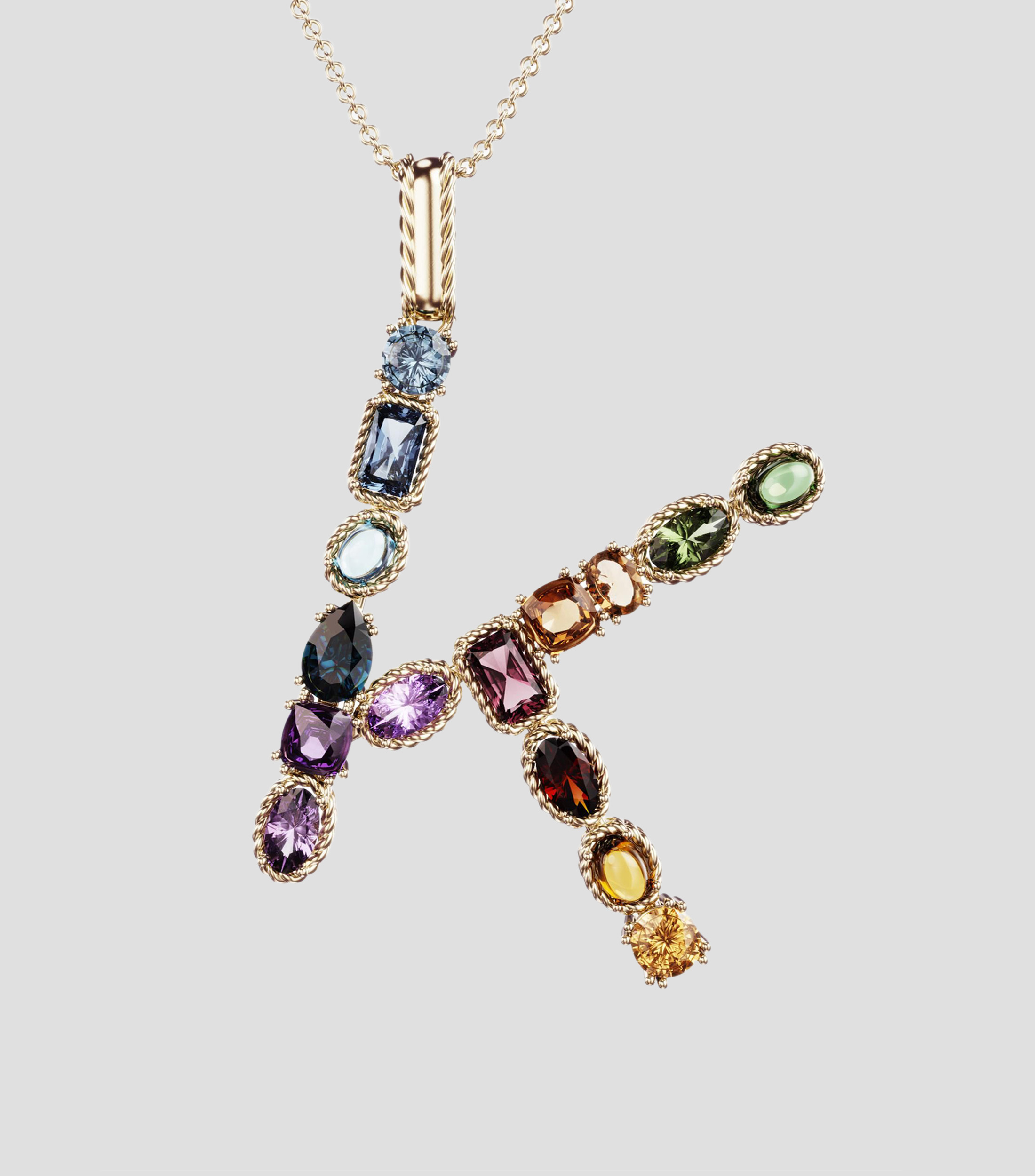 Collar con letra "K" en Oro de 18 Kilates gemas multicolores Rainbow Alphabet Mujer