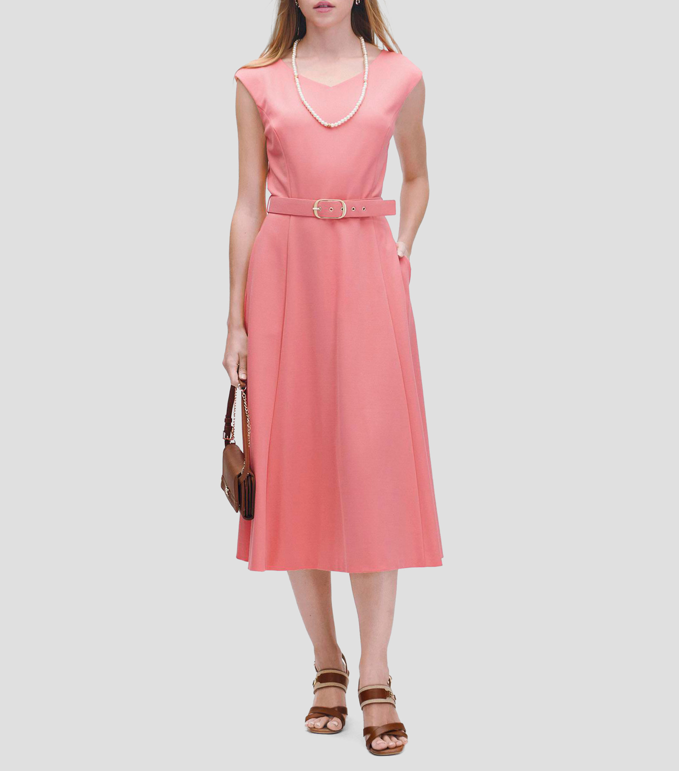 Vestido midi de punto línea a coral escote v con cinturón Mujer