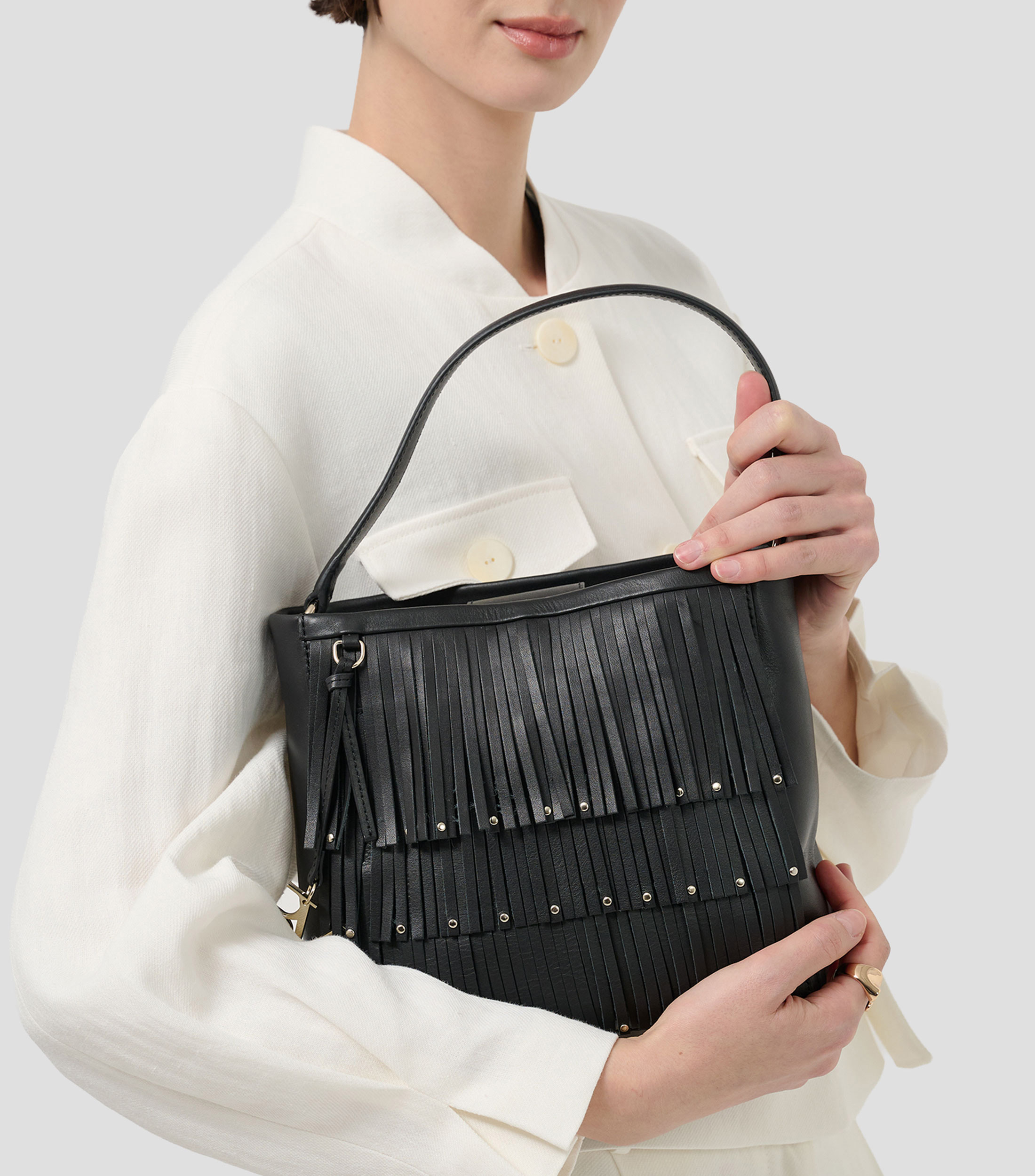 Bolsa Hobo en piel con flecos Mujer