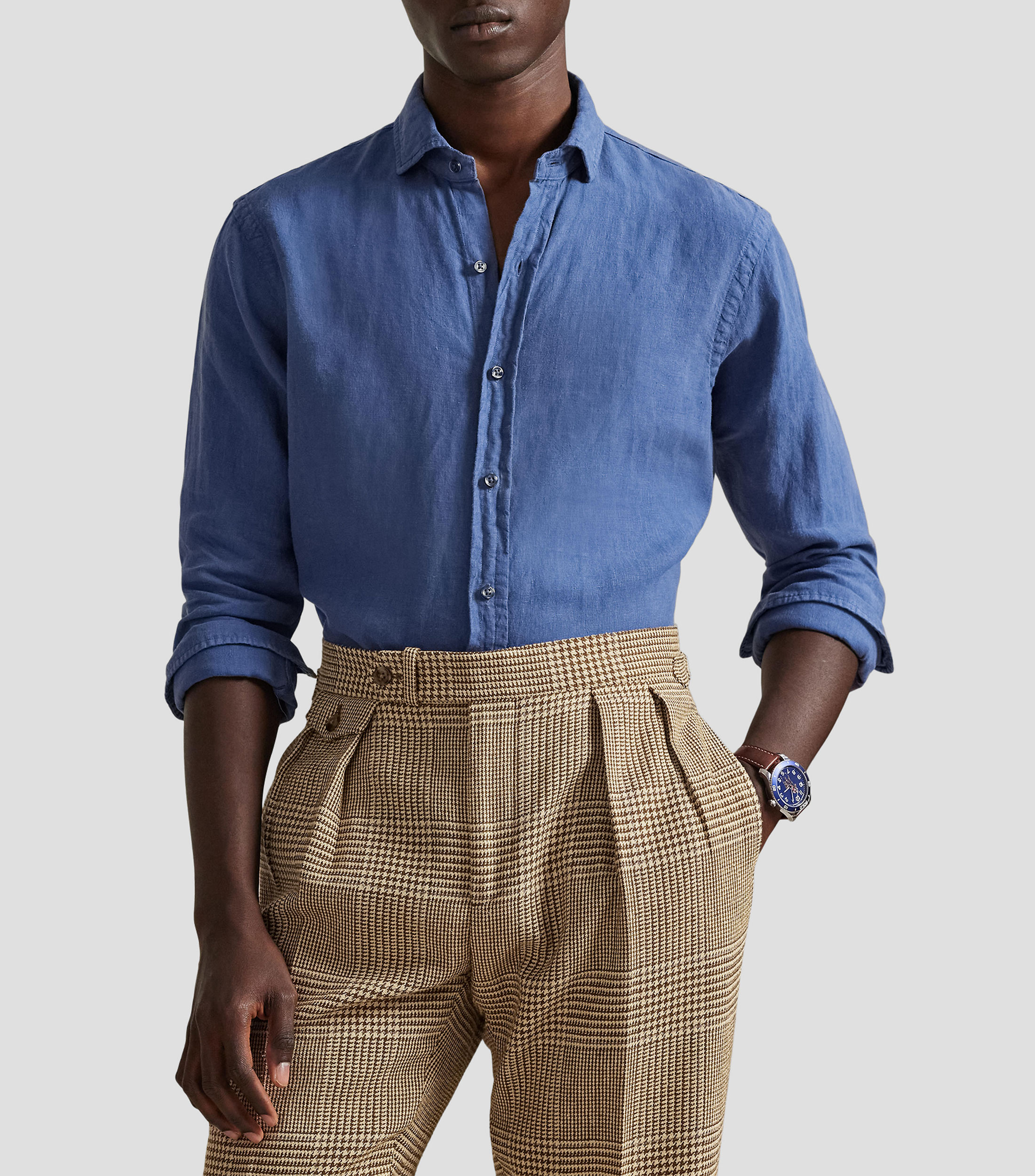 Camisa lisa de lino con manga larga Hombre