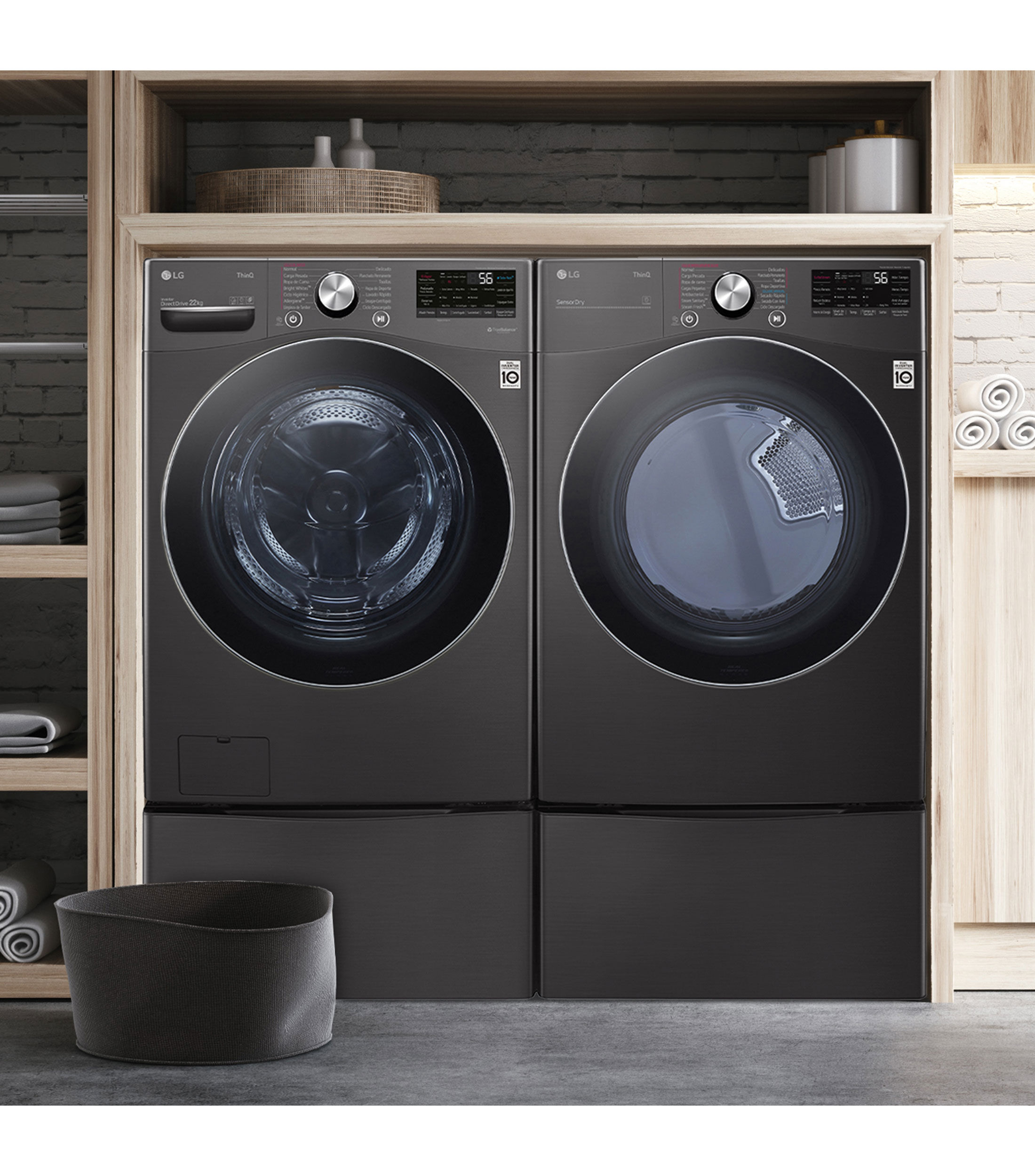 Combo de lavadora y secadora 22 Kg Steam Carga Frontal WM22BV2S6R.DF22BV2S6R color negro