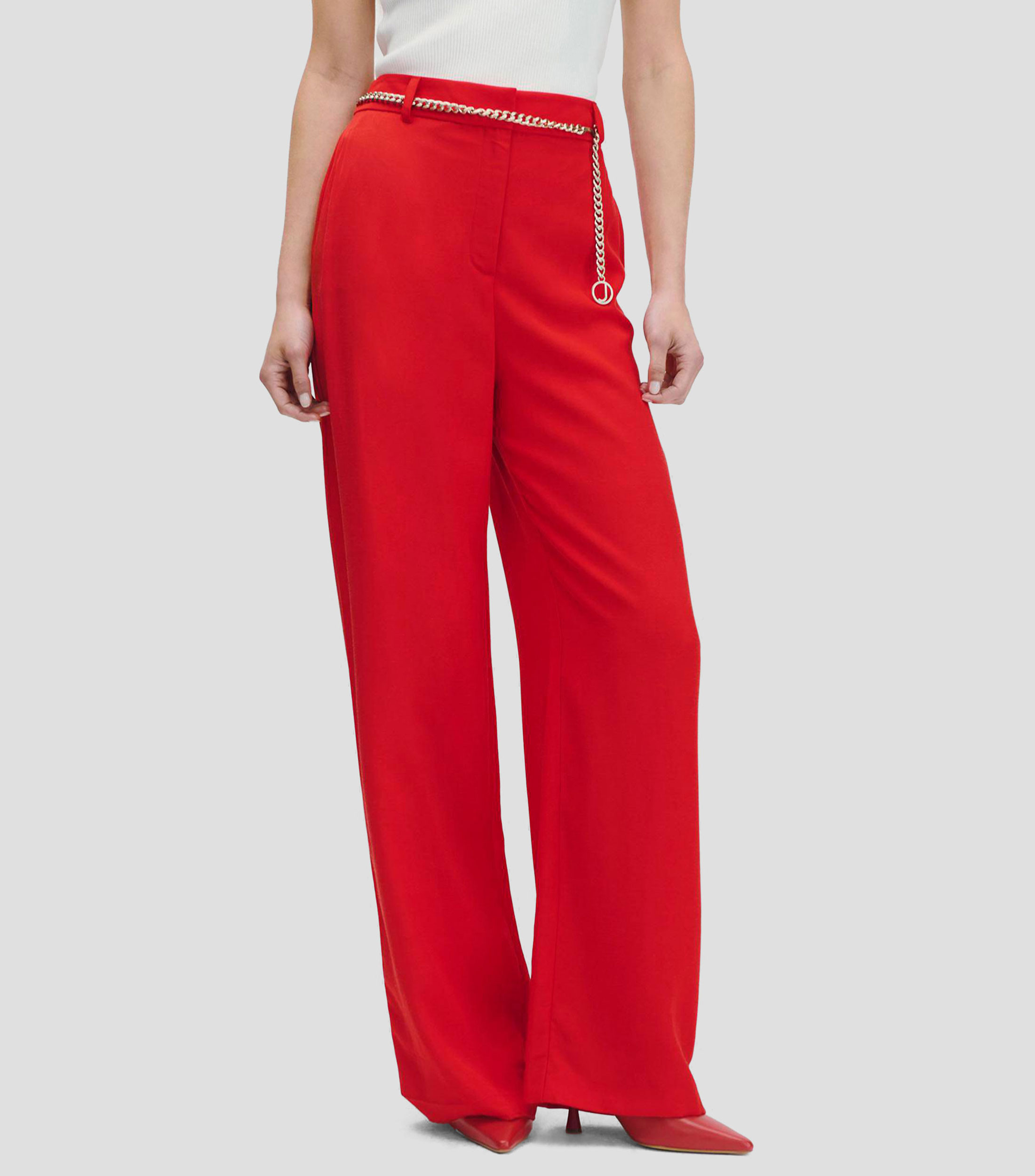 Pantalón wideleg tiro alto de lino rojo con cadena Mujer