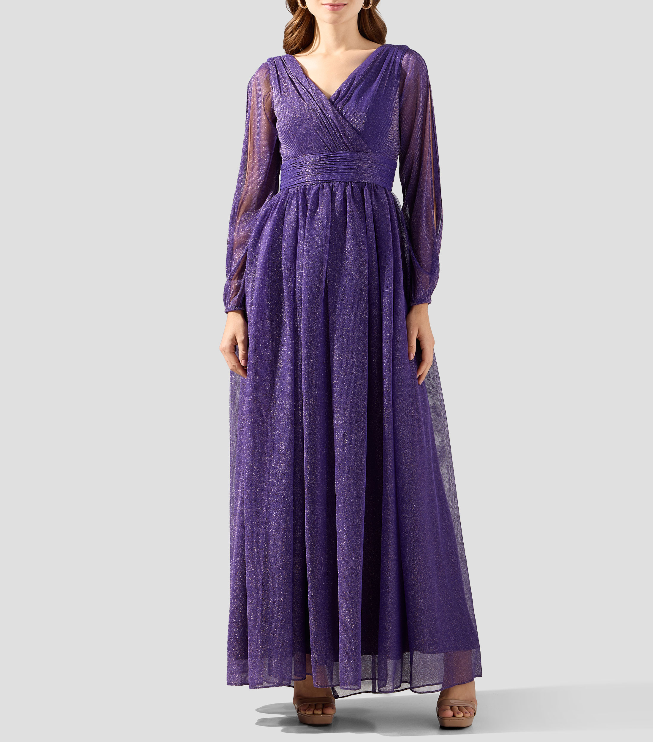Vestido de fiesta largo manga larga liso Mujer