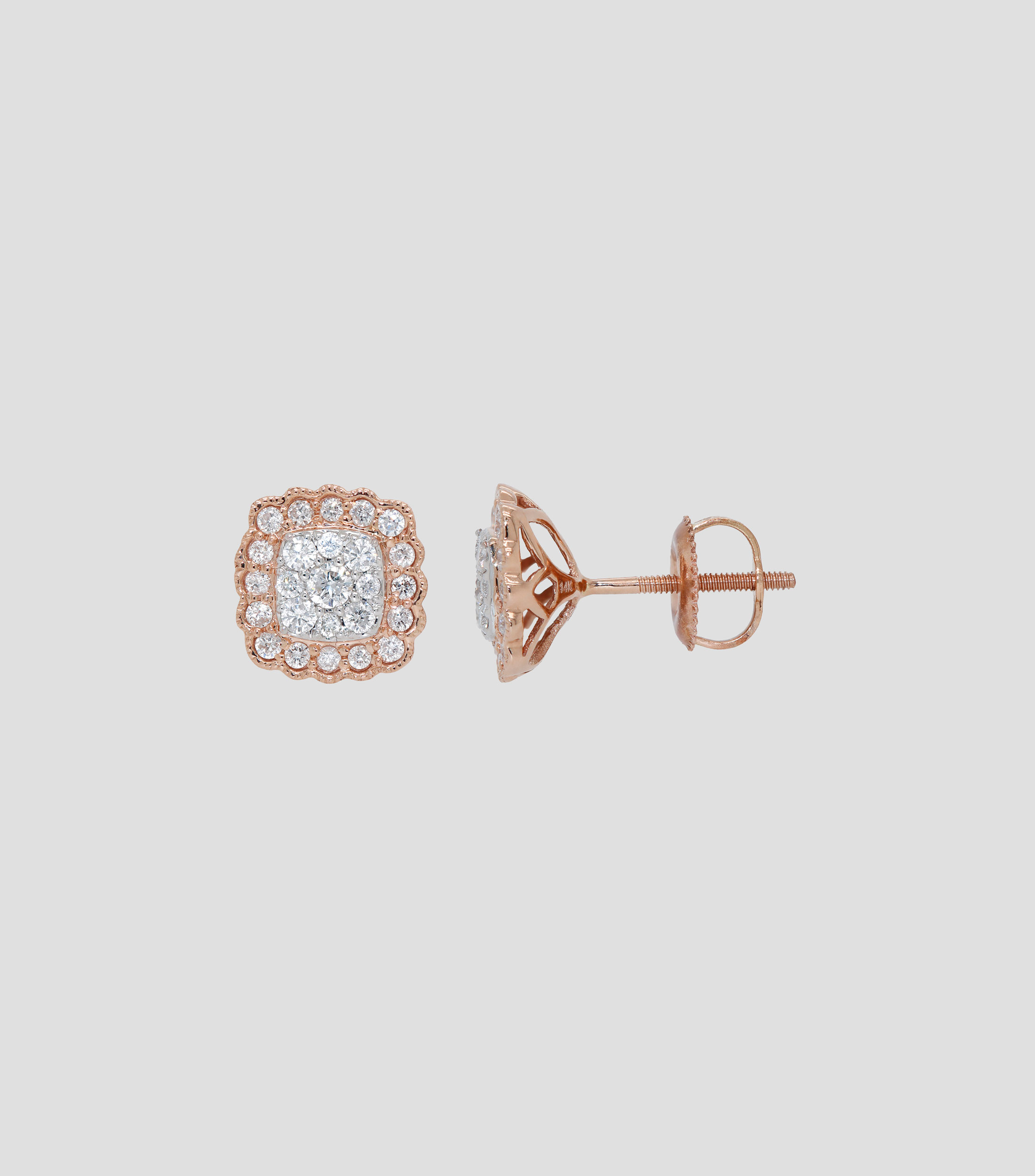 Aretes en oro rosa de 14 kilates cuadrados con diamantes Mujer