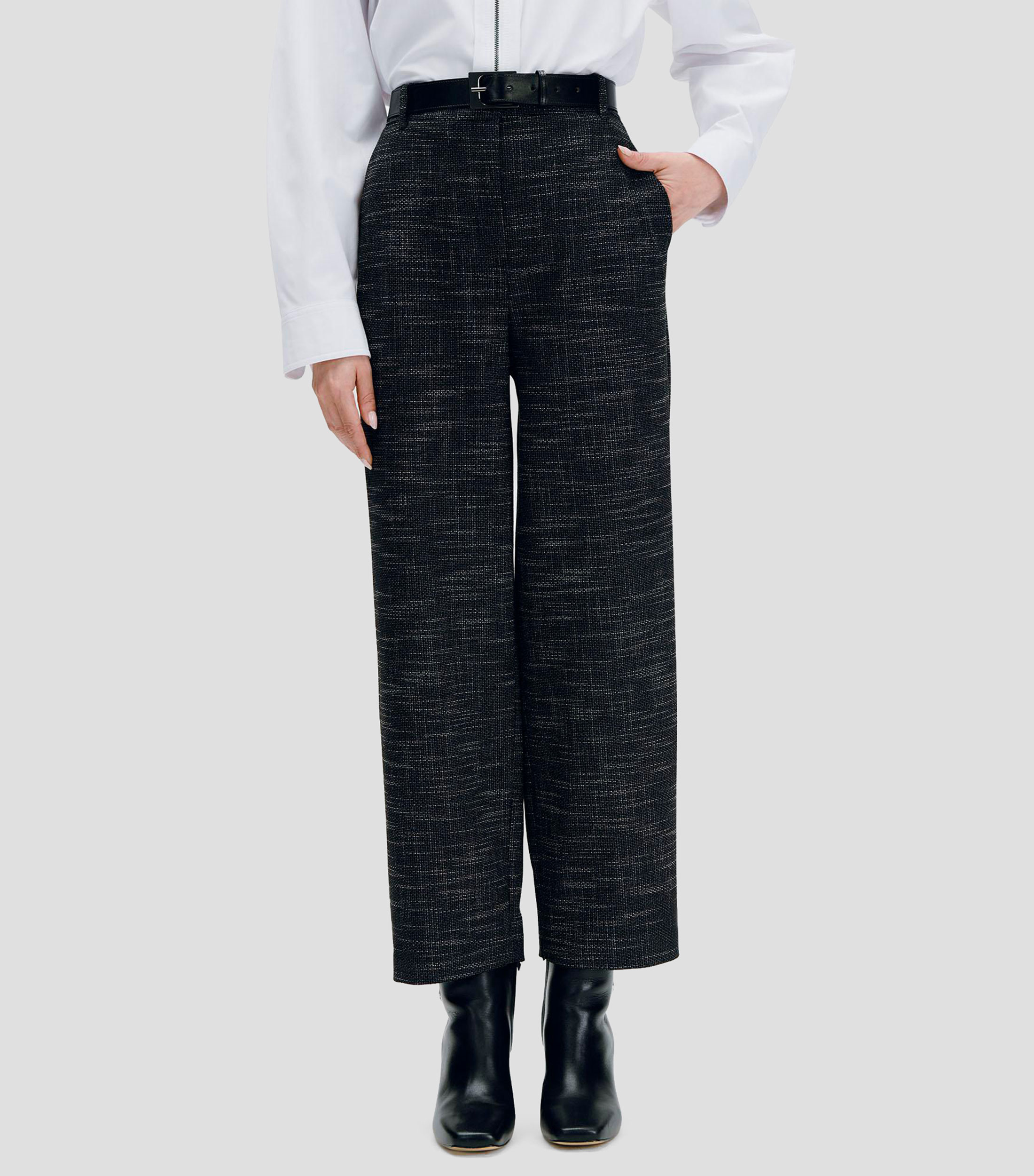 Pantalón negro recto de tiro alto con textura de sal y pimienta y cinturón Mujer