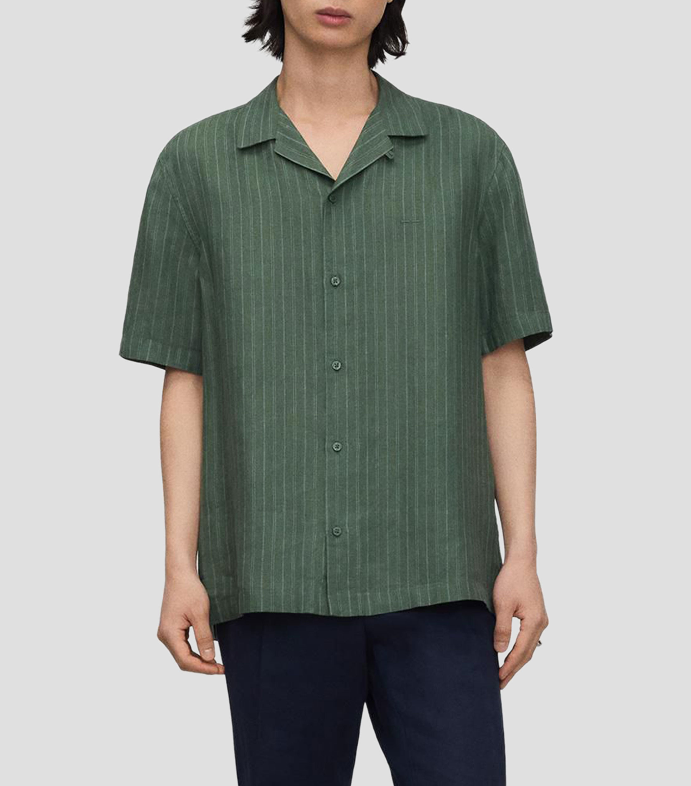 Camisa de rayas en lino con manga corta Hombre