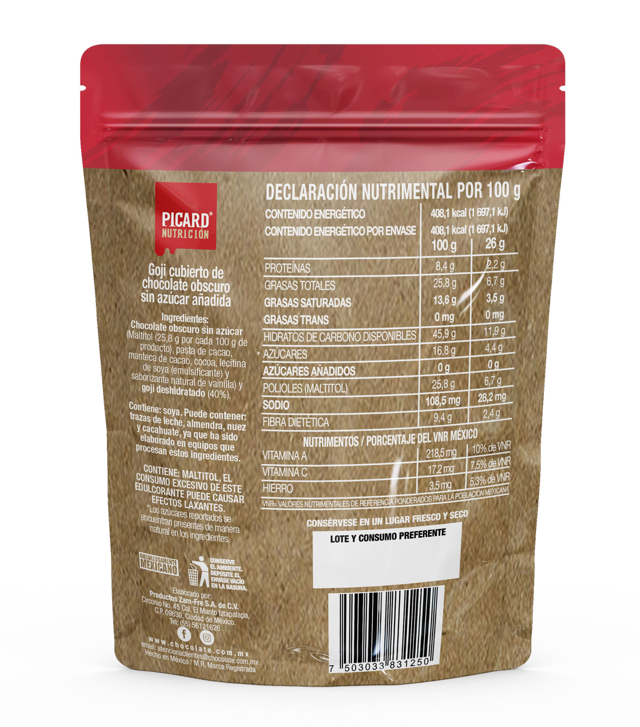 Bolsa Goji cubierto de Chocolate obscuro, 100 g