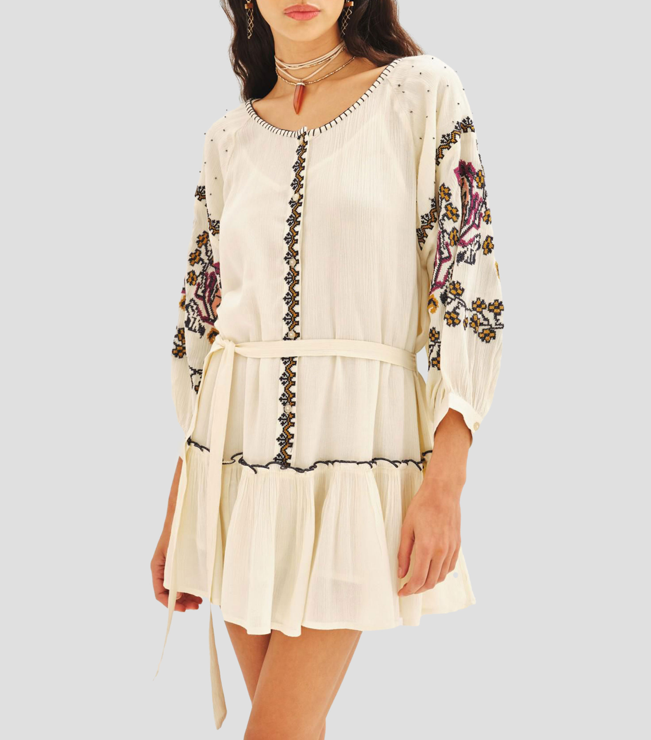 Vestido corto manga 7/8 liso Mujer