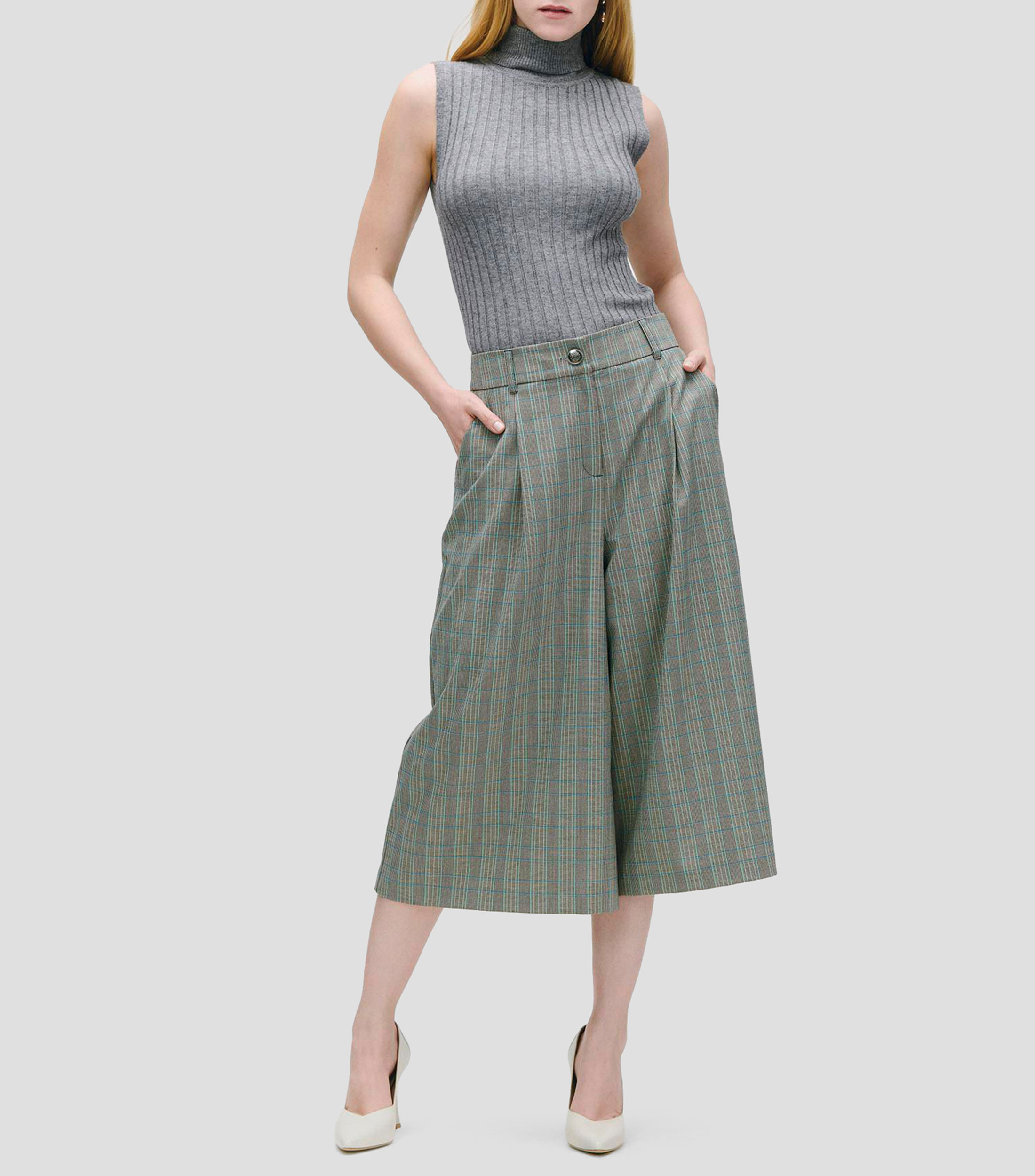 Top Tejido Canalé Gris Oxford Manga Sisa Cuello Tortuga Mujer