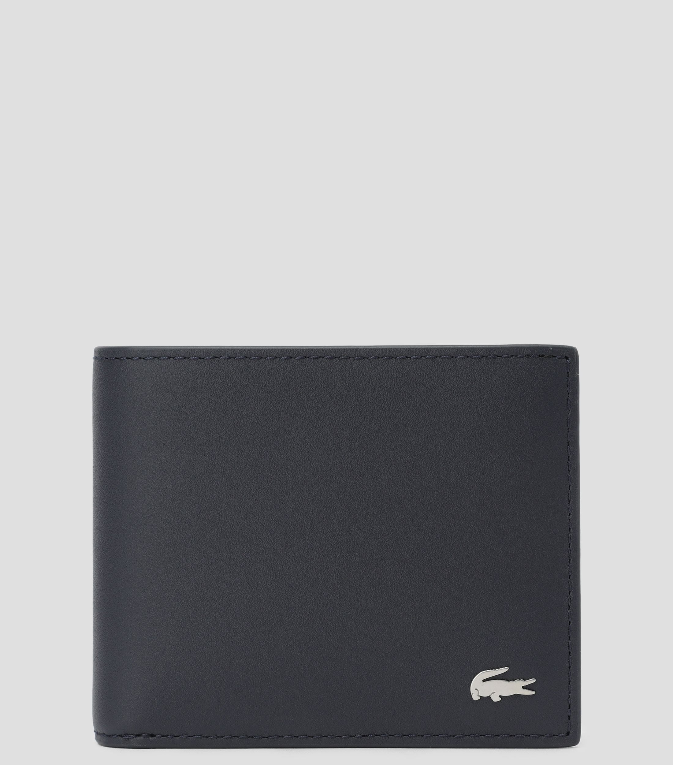 Cartera bifold en piel azul marino con mini cocodrilo metálico Hombre