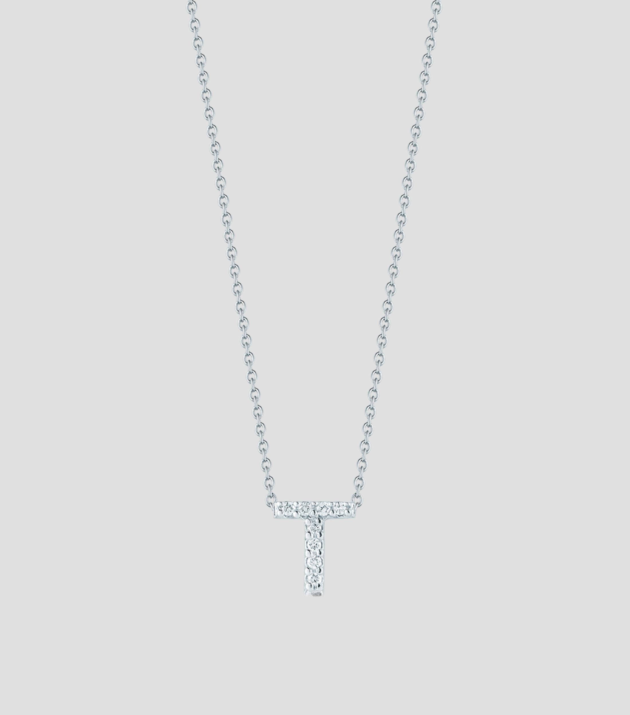 Collar en Oro blanco con dije letra T Mujer