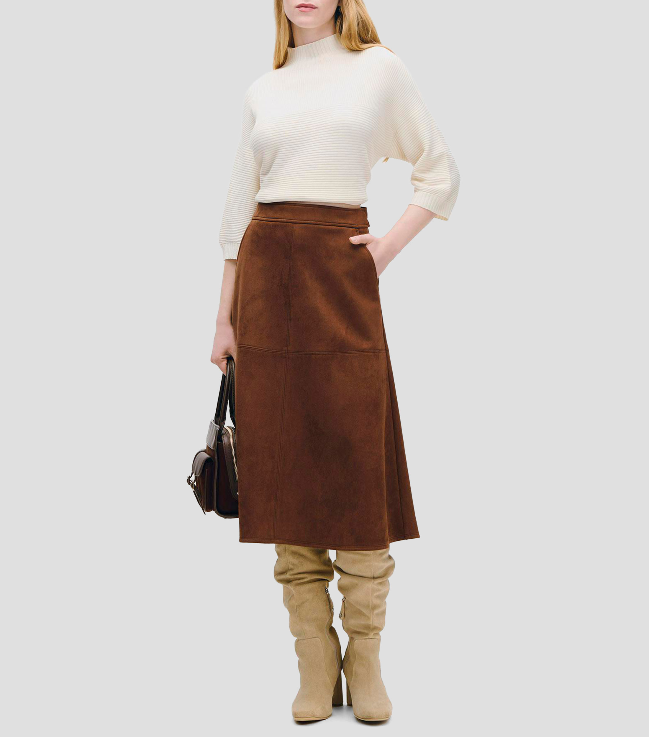 Falda Midi Línea A De Suede Chocolate Con Amarre Mujer