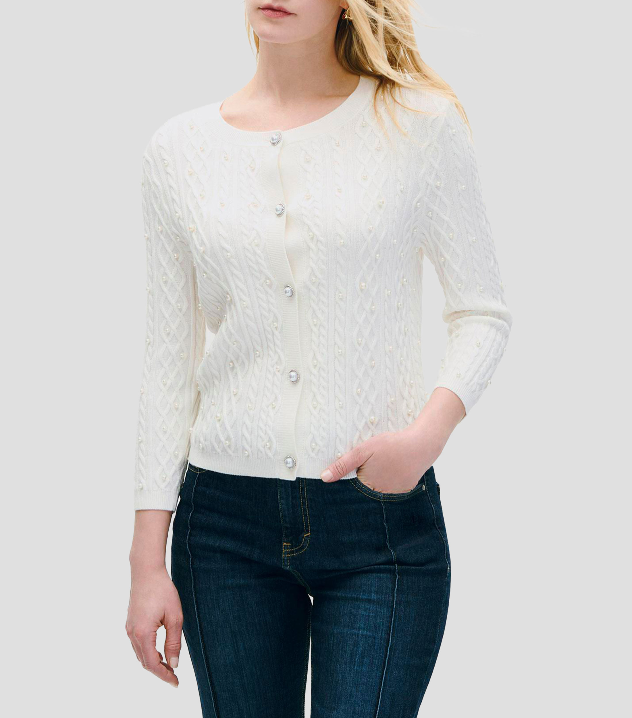 Cárdigan off white tejido combinado trenzado con perlas Mujer