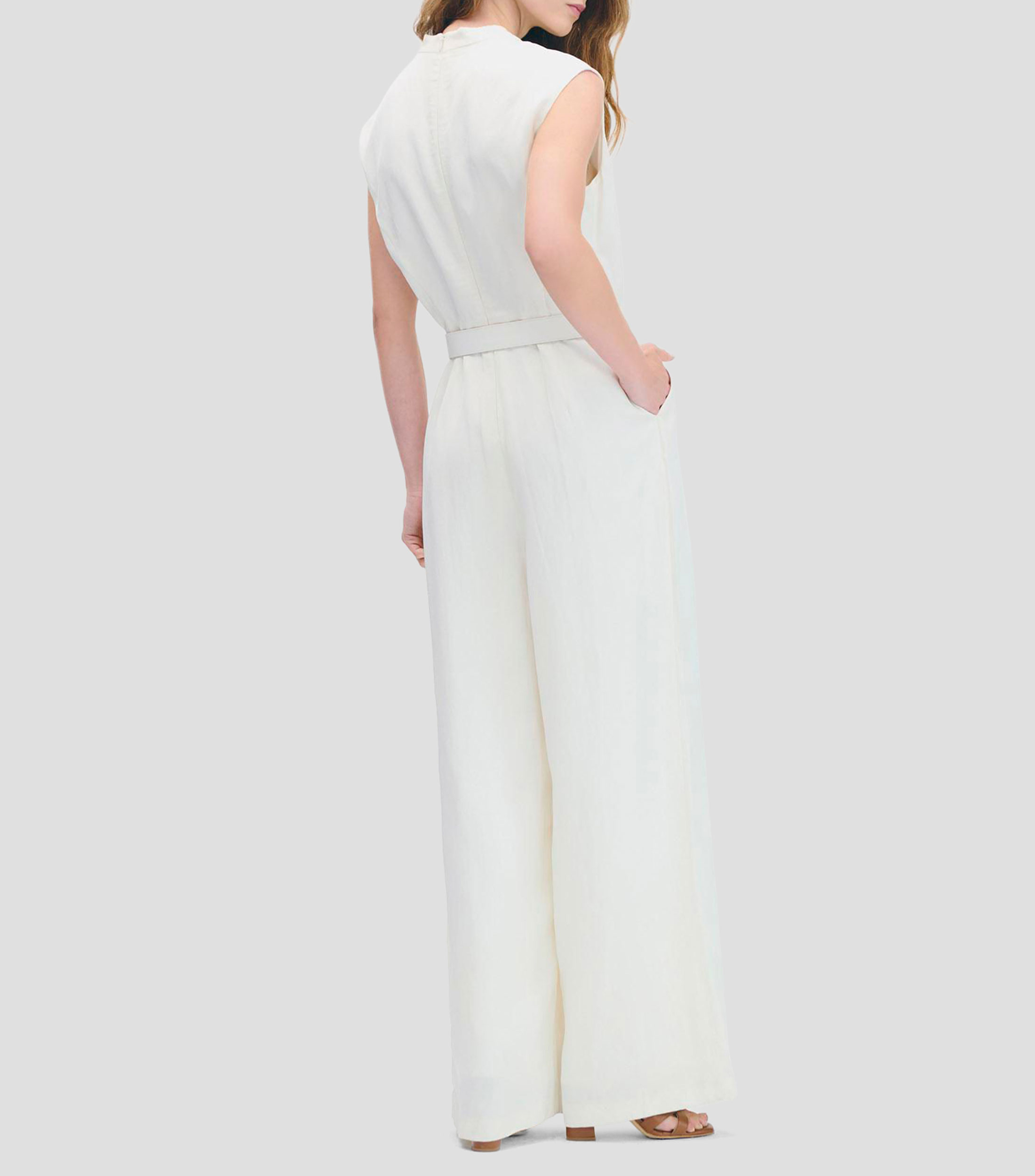 Jumpsuit palazzo de lino natural escote V con cinturón Mujer
