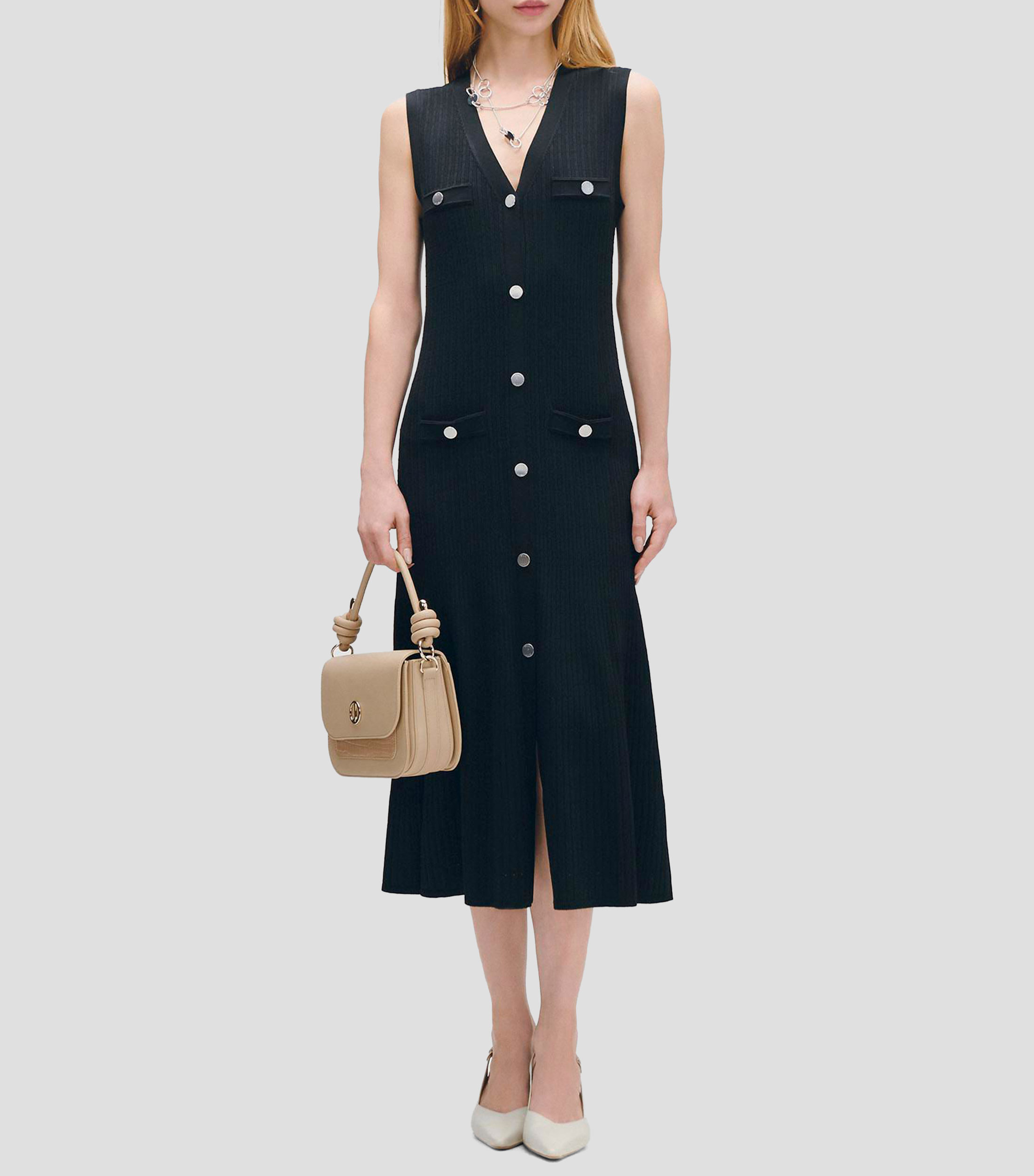 Vestido Midi Tejido Canalé Fit And Flared Con Broches Mujer