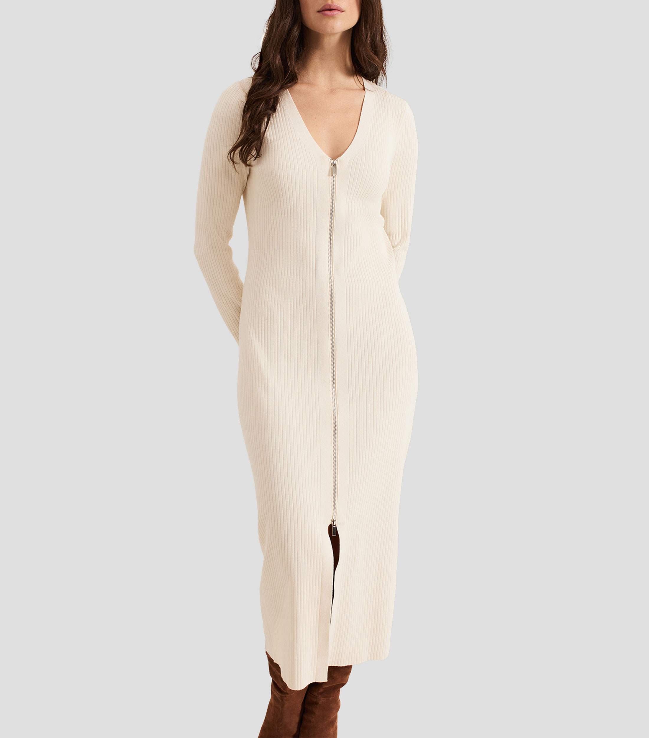 Vestido Midi liso manga larga Mujer