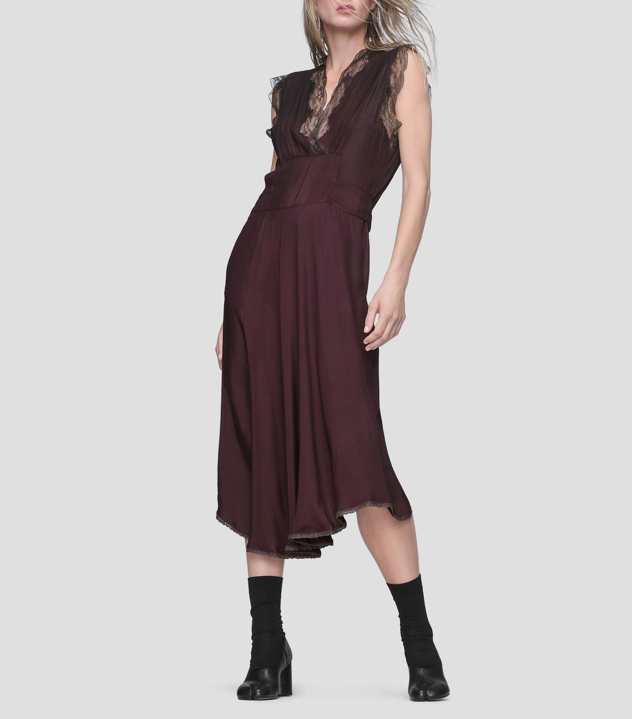 Vestido midi de seda sin mangas con diseño liso y encaje Mujer