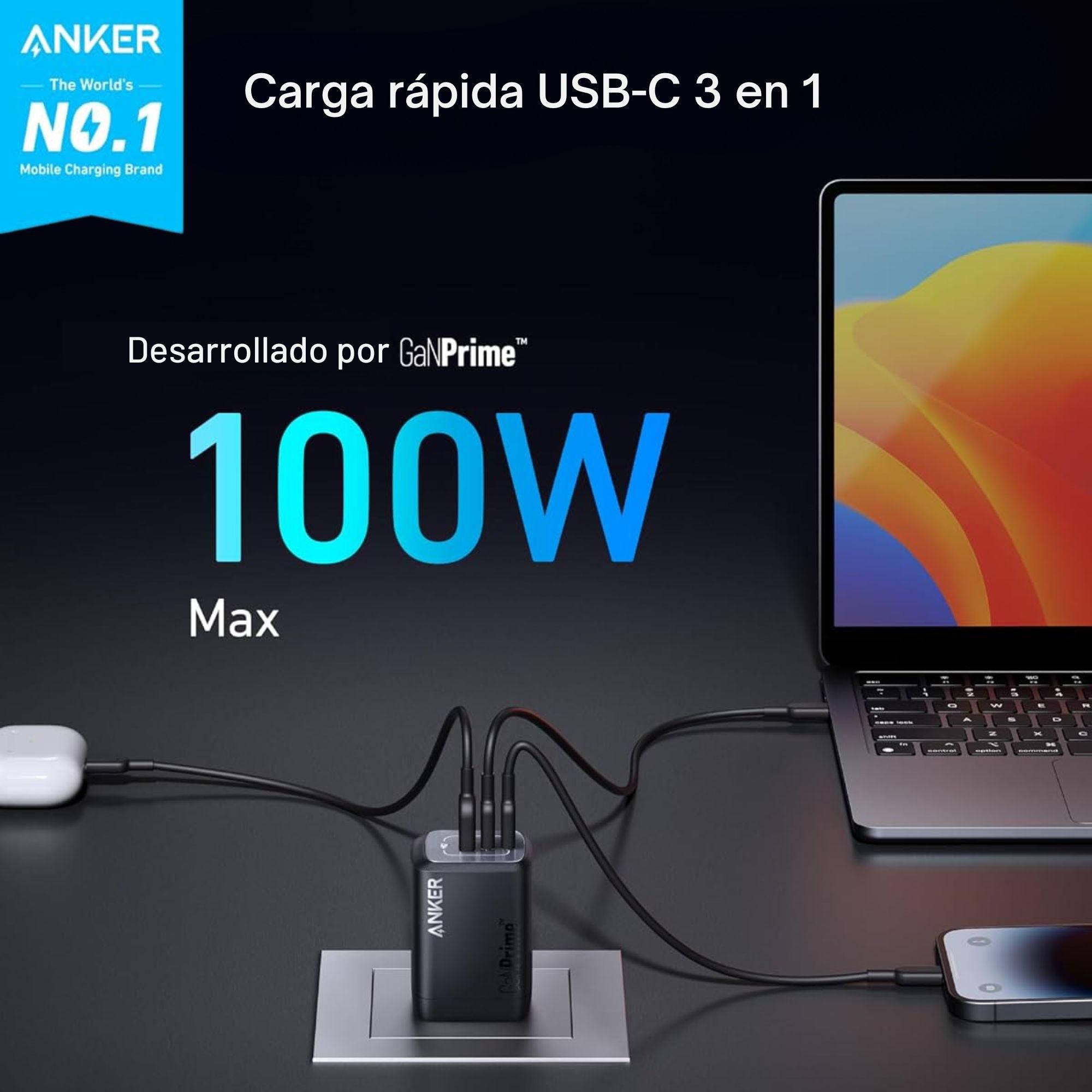El cargador de pared Prime con GaN cuenta con un diseno ultracompacto ademas ofrece carga rapida para 3 dispositivos con carga maxima de 100W con dos puertos y proteccion total