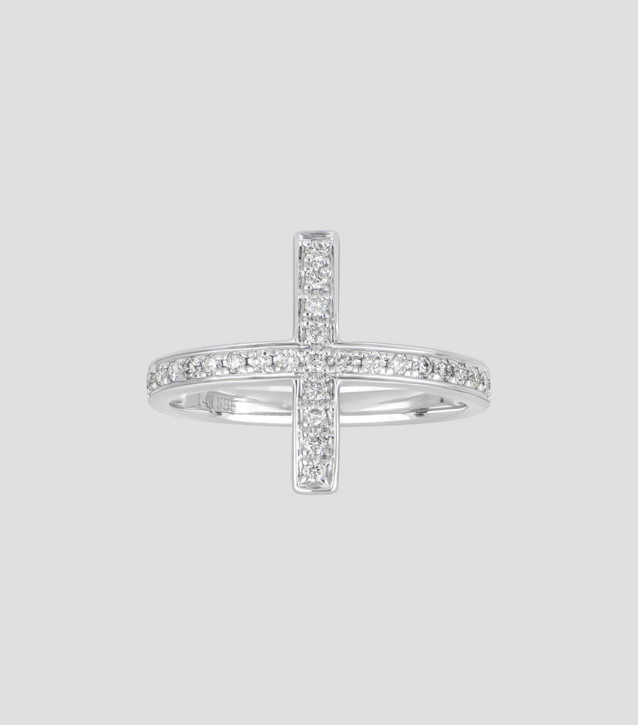 Anillo en oro blanco de 14 kilates con diseño de cruz e incrustación de diamantes naturales Mujer