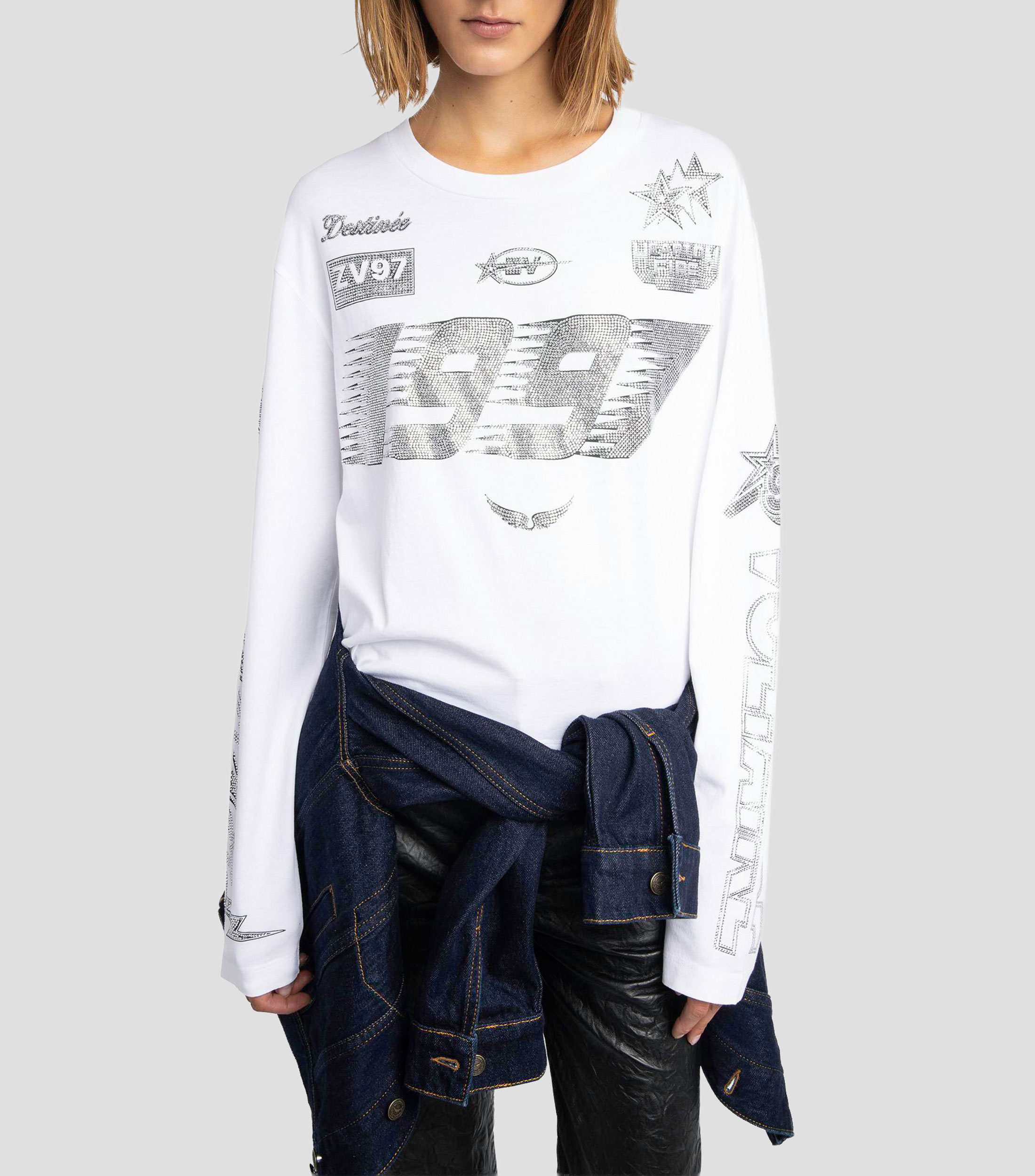 Playera de cuello redondo con manga larga estampada Mujer