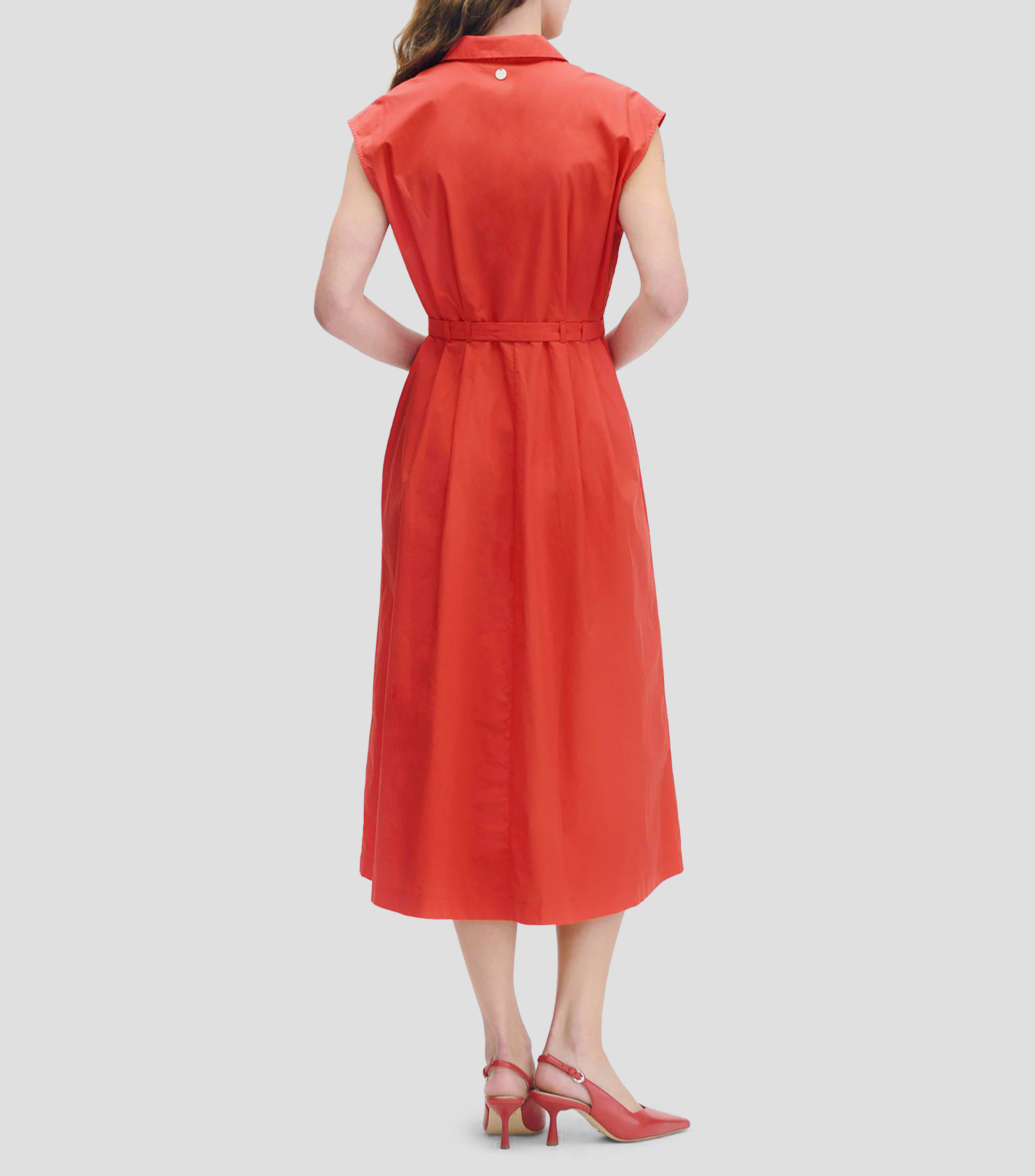Vestido camisero midi rojo pinzas y cinturón Mujer